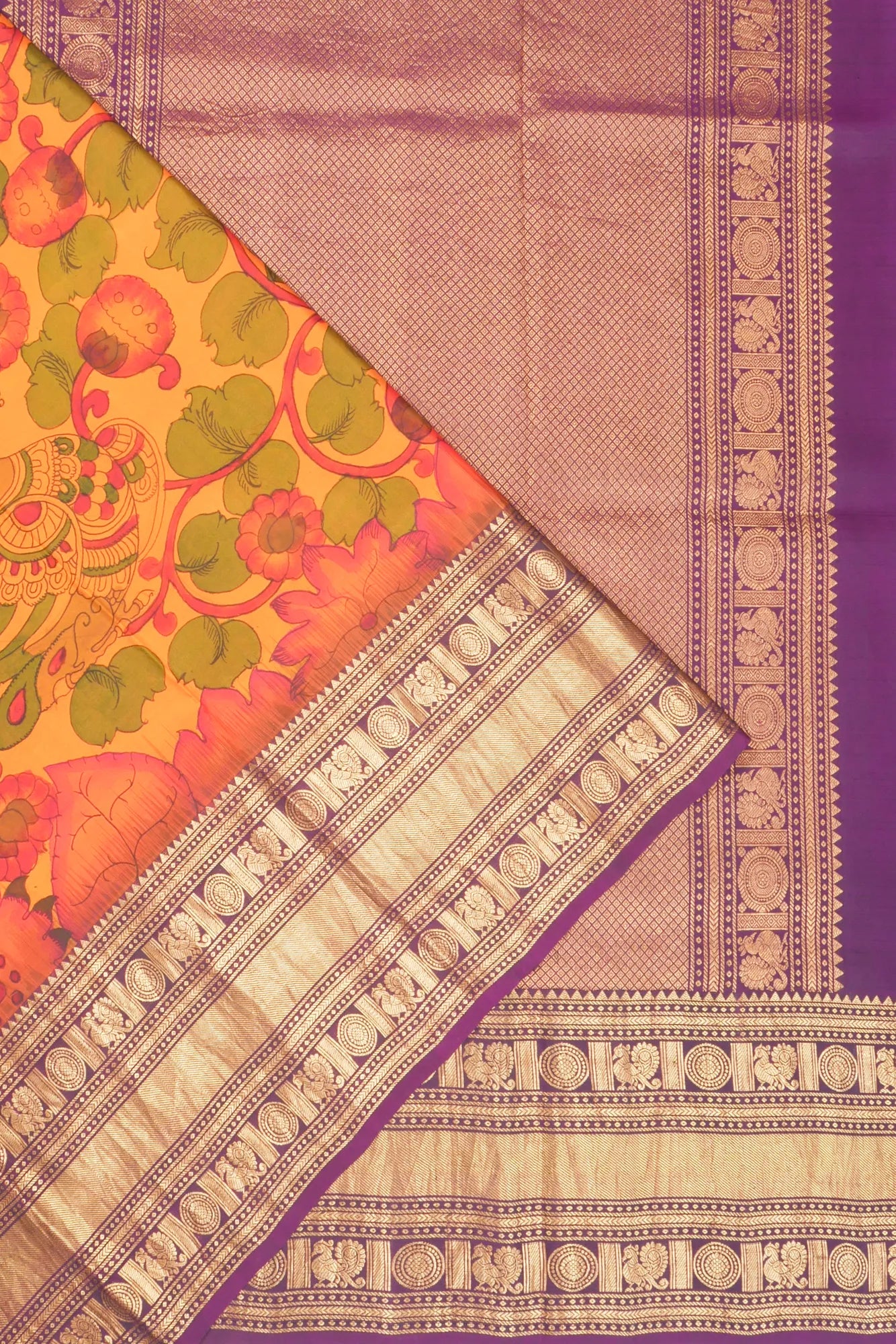 Kanchipuram Silk Kalamkari Handpainted Yellow Saree