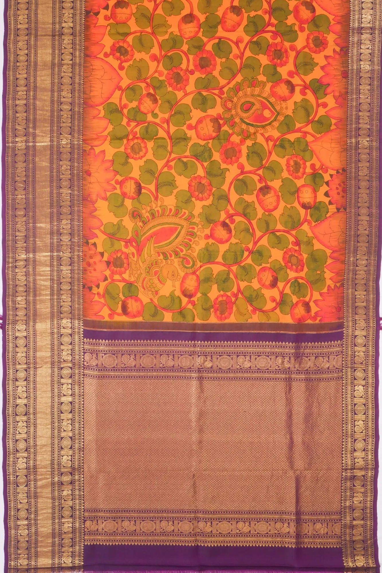 Kankatala Kanchipuram Silk Kalamkari Handpainted Yellow Saree g2