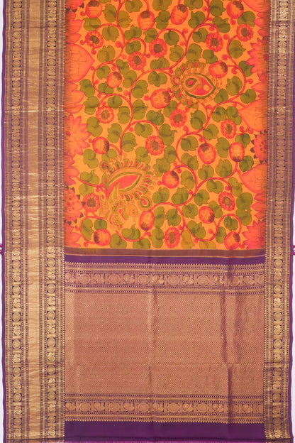 Kankatala Kanchipuram Silk Kalamkari Handpainted Yellow Saree g2