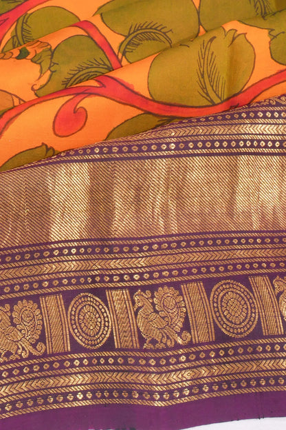 Kankatala Kanchipuram Silk Kalamkari Handpainted Yellow Saree g2