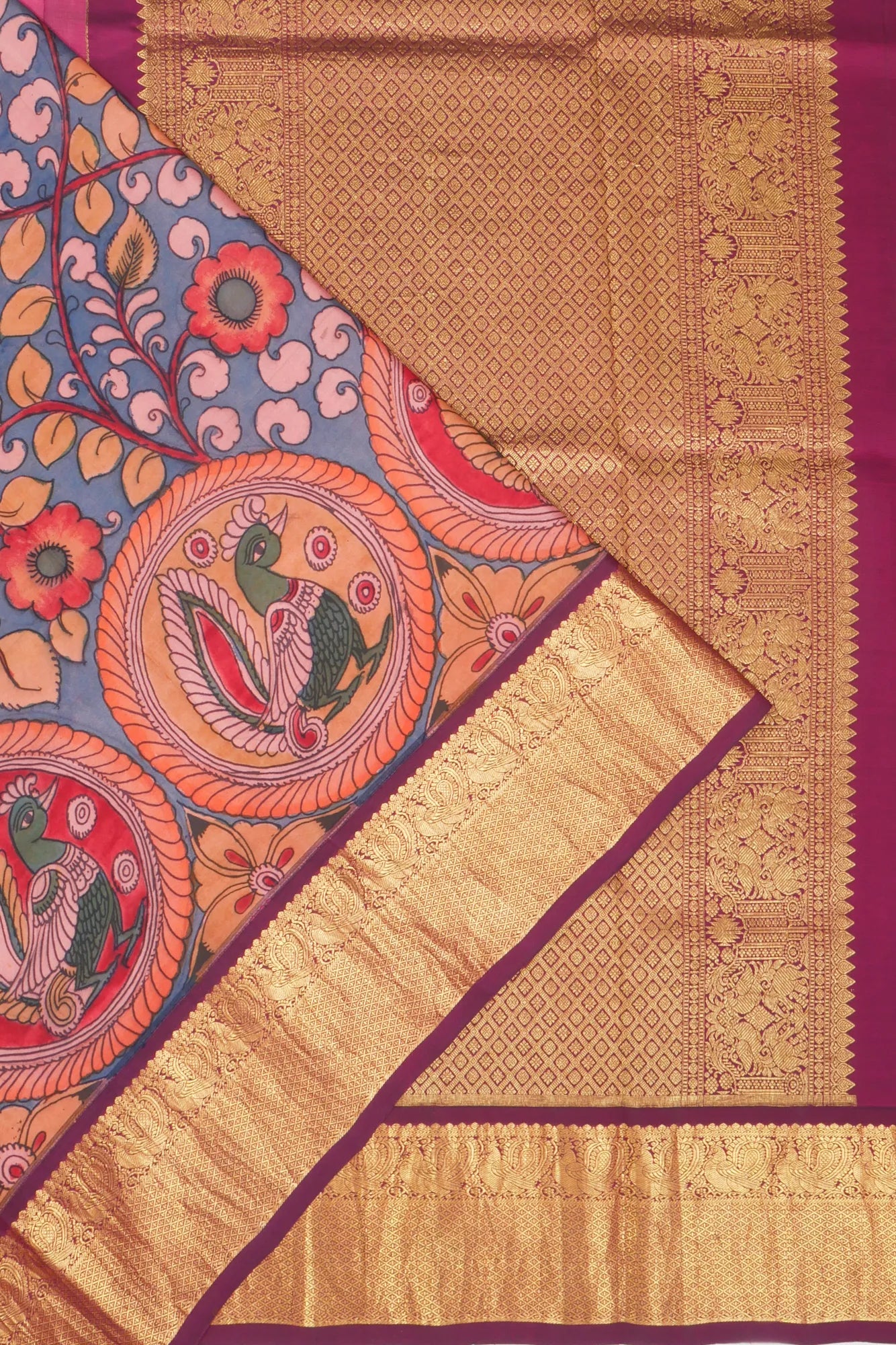 Kankatala Kanchipuram Silk Kalamkari Handpainted Blue Saree g2