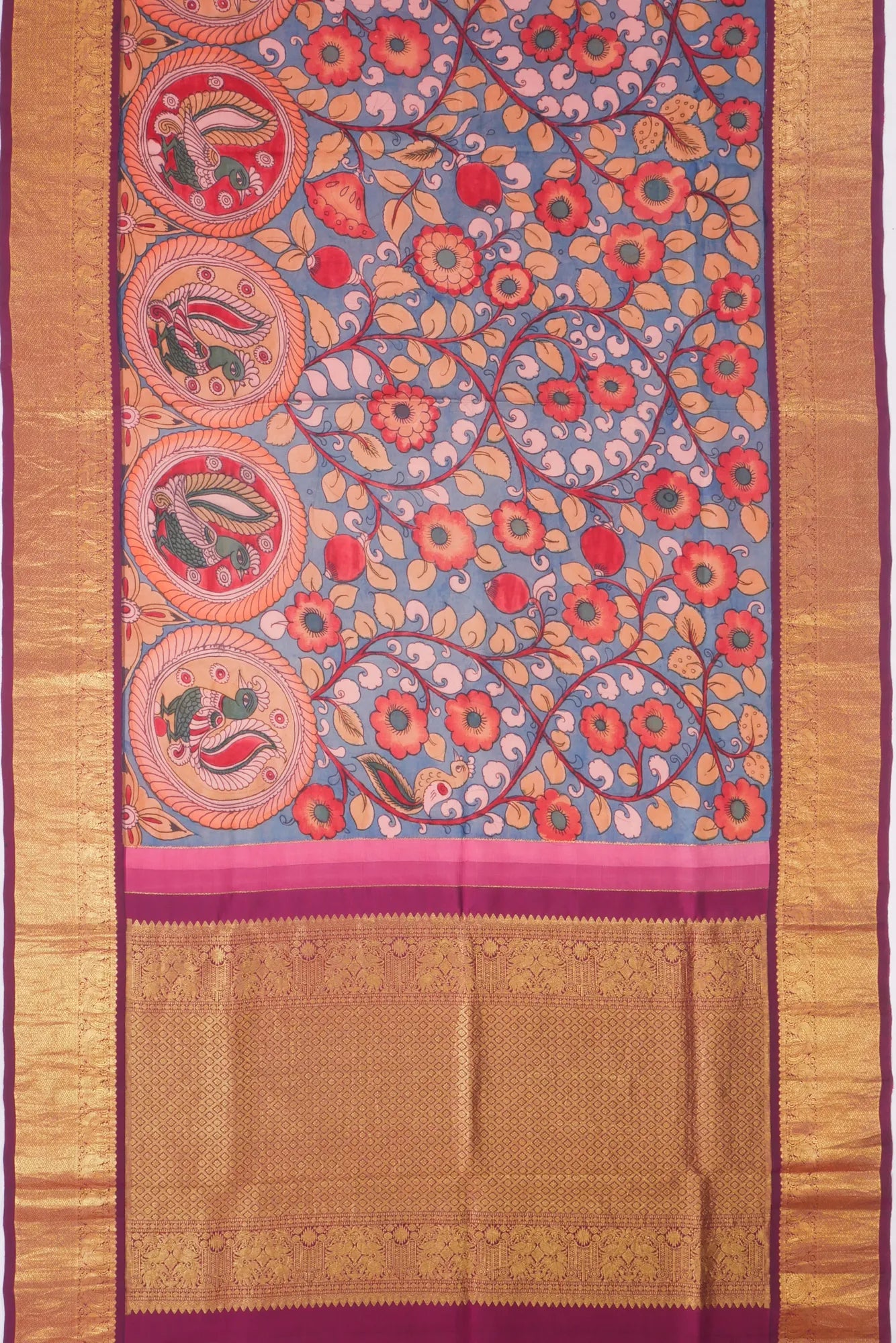 Kankatala Kanchipuram Silk Kalamkari Handpainted Blue Saree g2