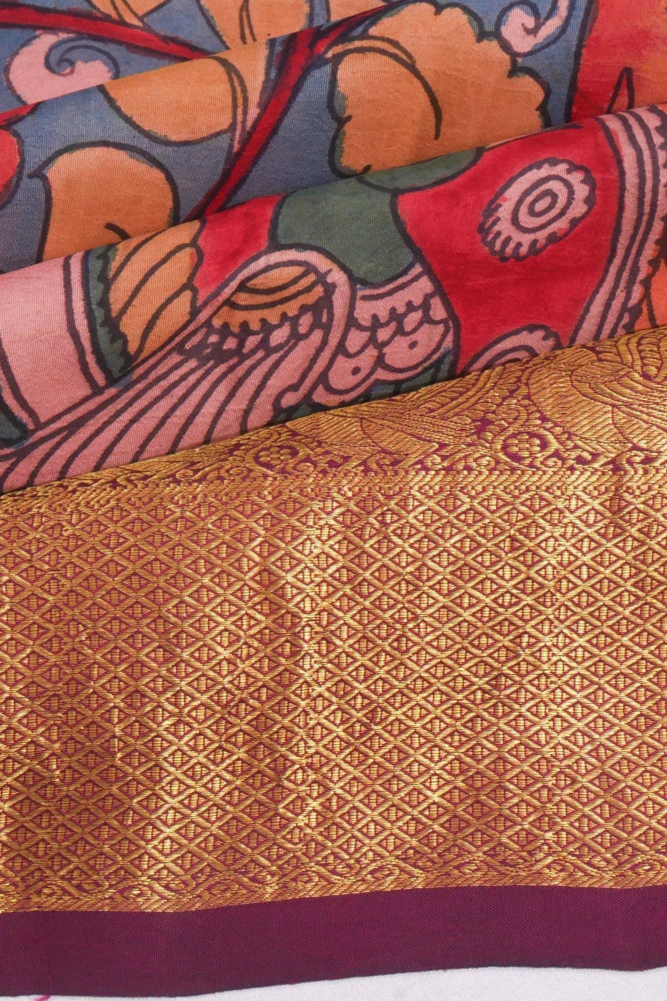 Kankatala Kanchipuram Silk Kalamkari Handpainted Blue Saree g2