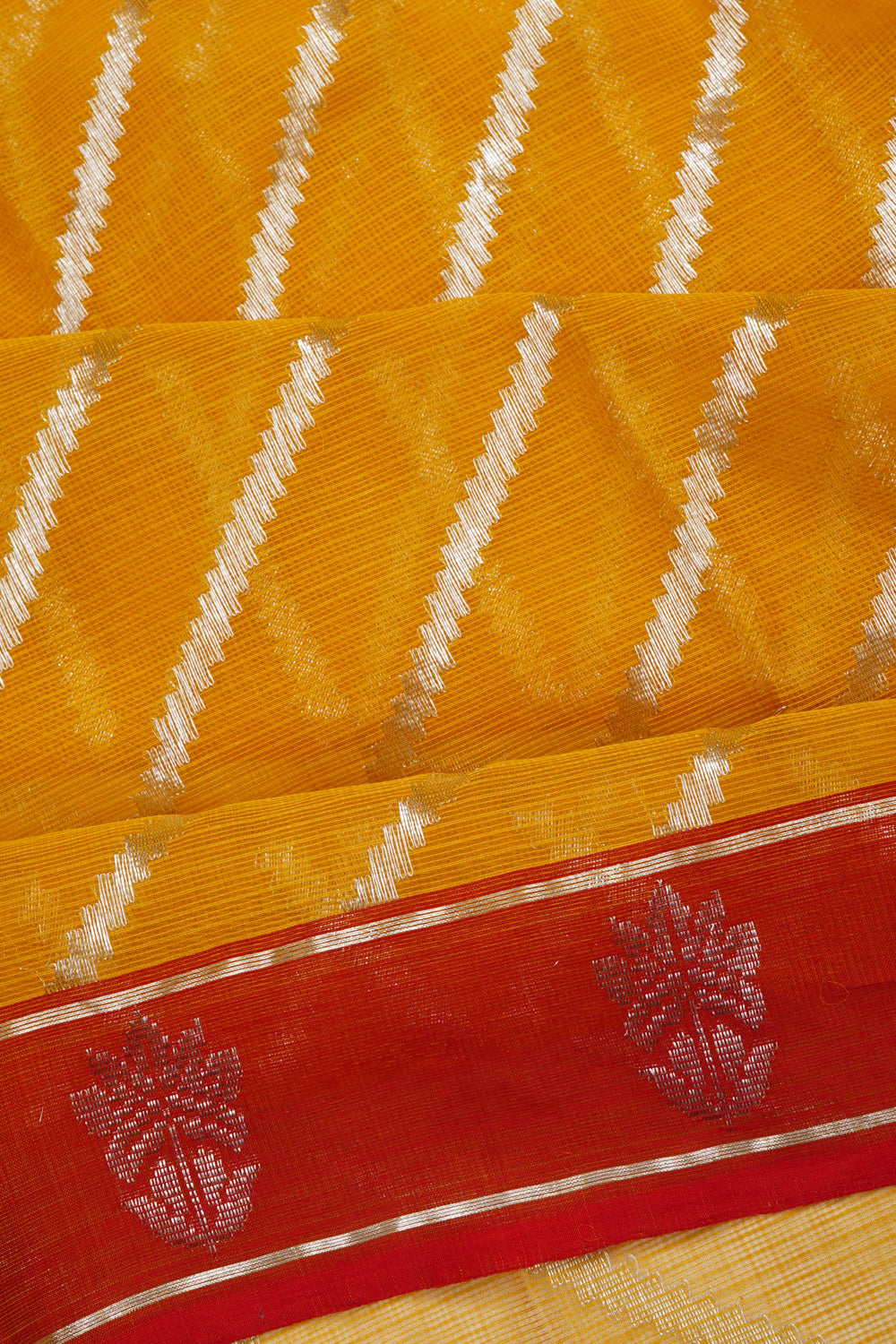Zari Kota Cotton Diagonal Lines Yellow Saree