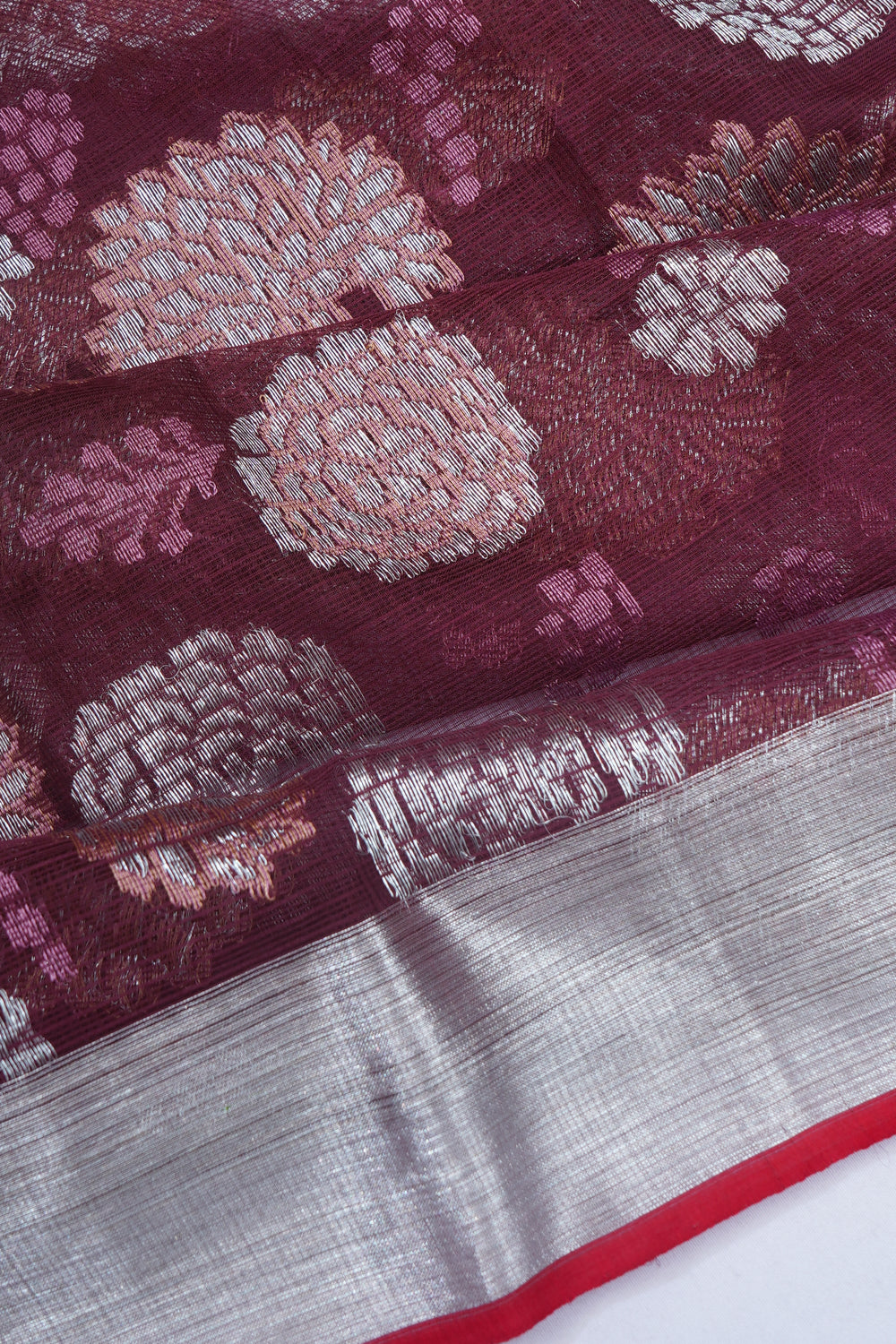 Zari Kota Cotton Jaal Burgundy Saree