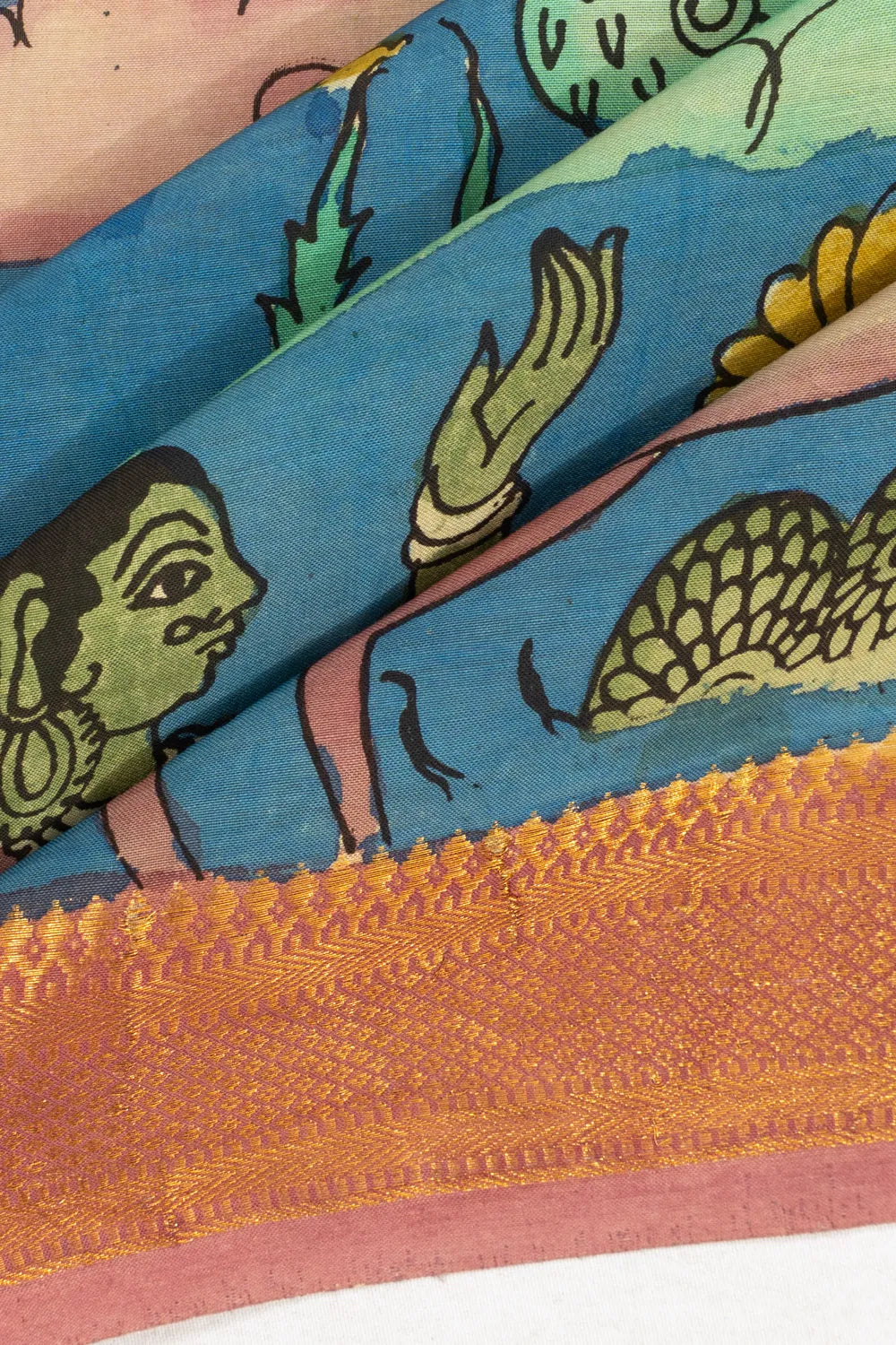 Kalamkari Silk Hand Painted Blue Saree