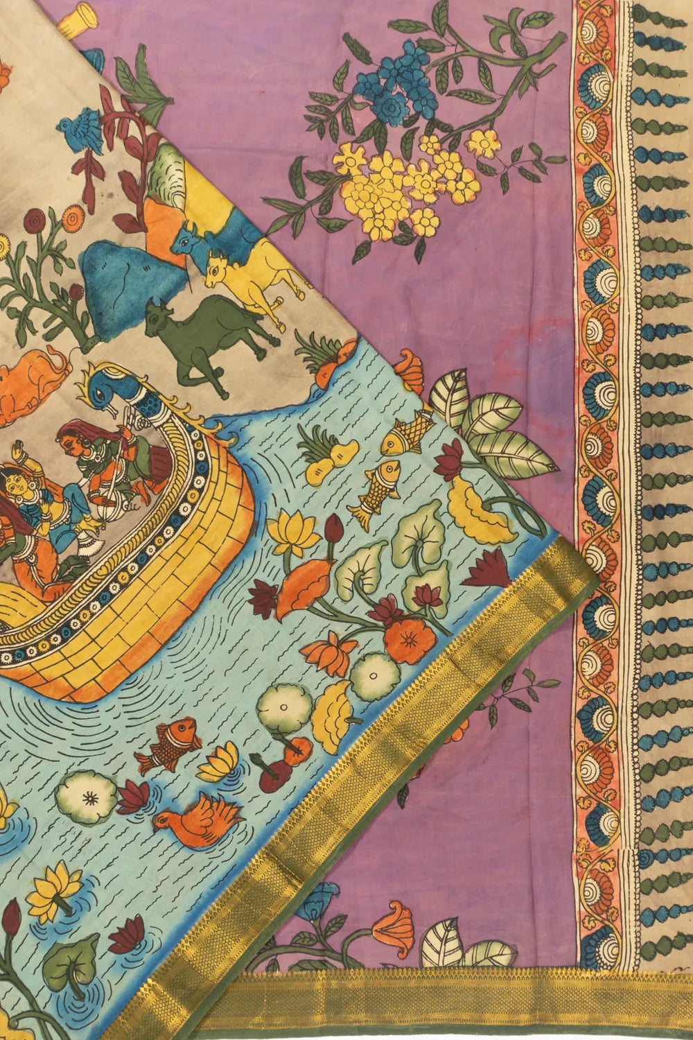 Kalamkari Silk Hand Painted Cream Saree