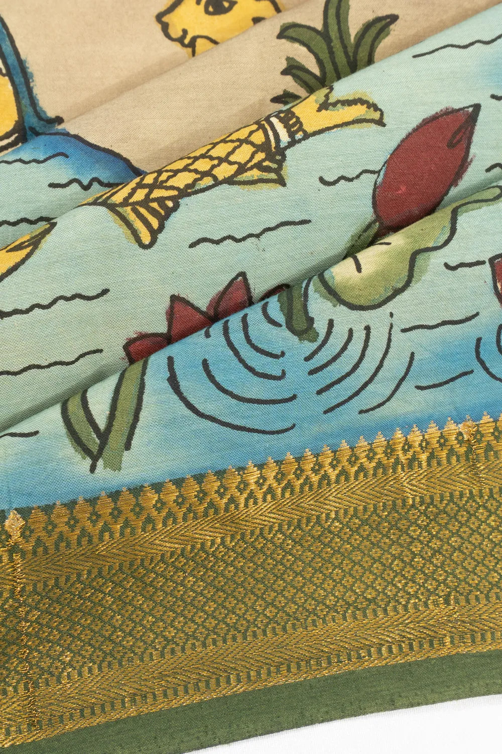 Kalamkari Silk Hand Painted Cream Saree