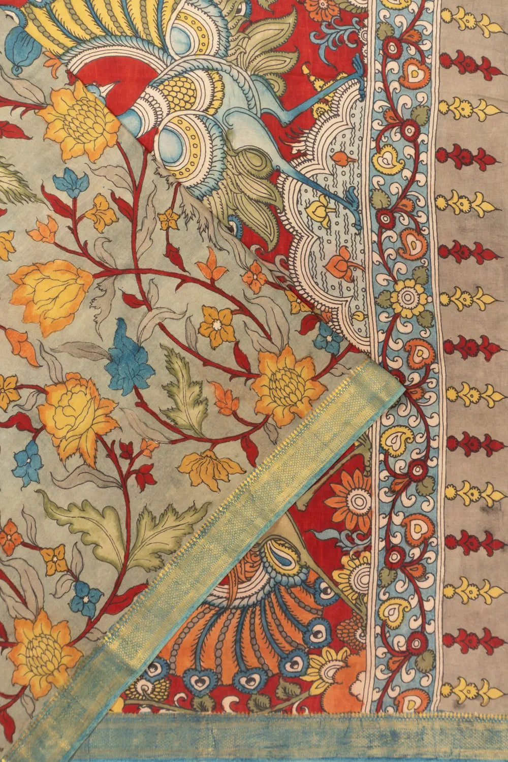 Kalamkari Silk Hand Painted Pastel Grey Saree