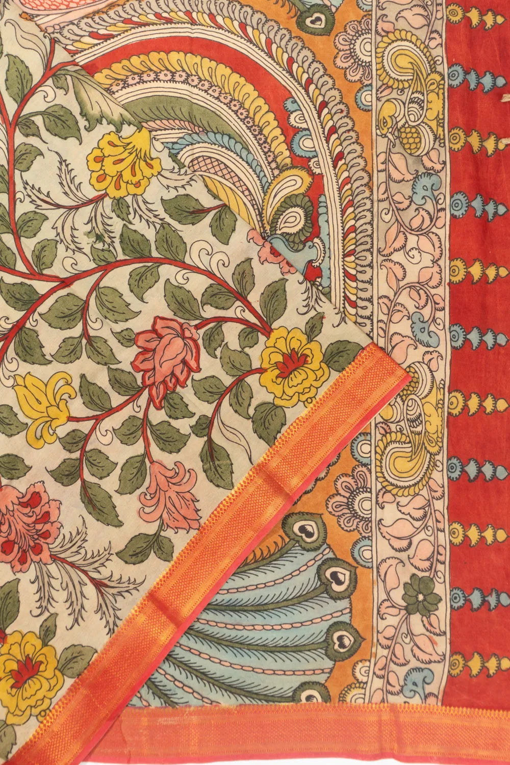 Kalamkari Silk Hand Painted Cream Saree