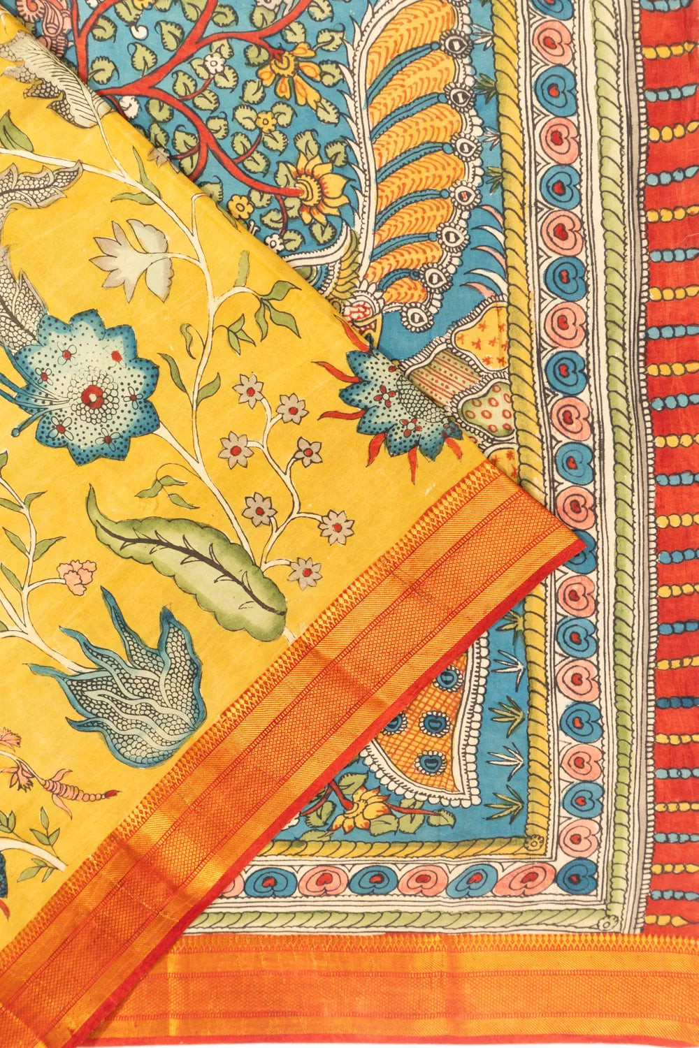Kalamkari Silk Hand Painted Yellow Saree