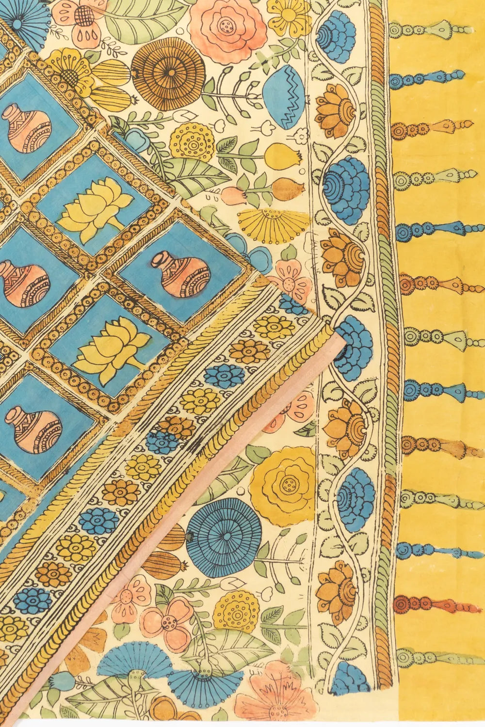 Kalamkari Silk Hand Painted Blue Saree