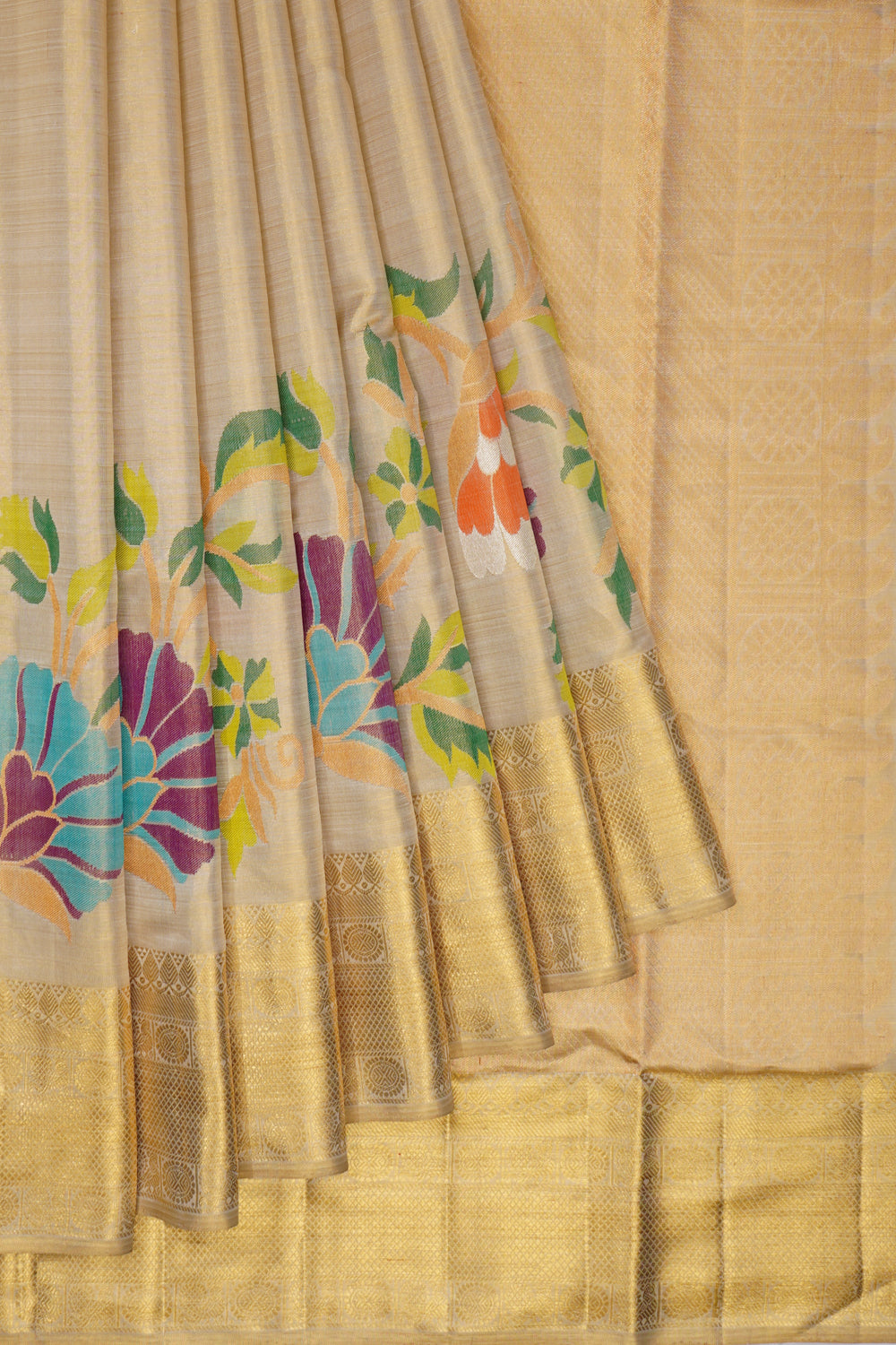 Kanchipuram Silk Tissue Jaal Gold Saree