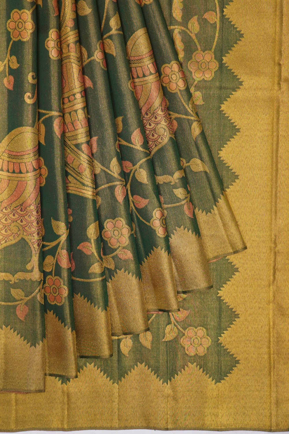 Kanchipuram Silk Jaal Bottle Green Saree