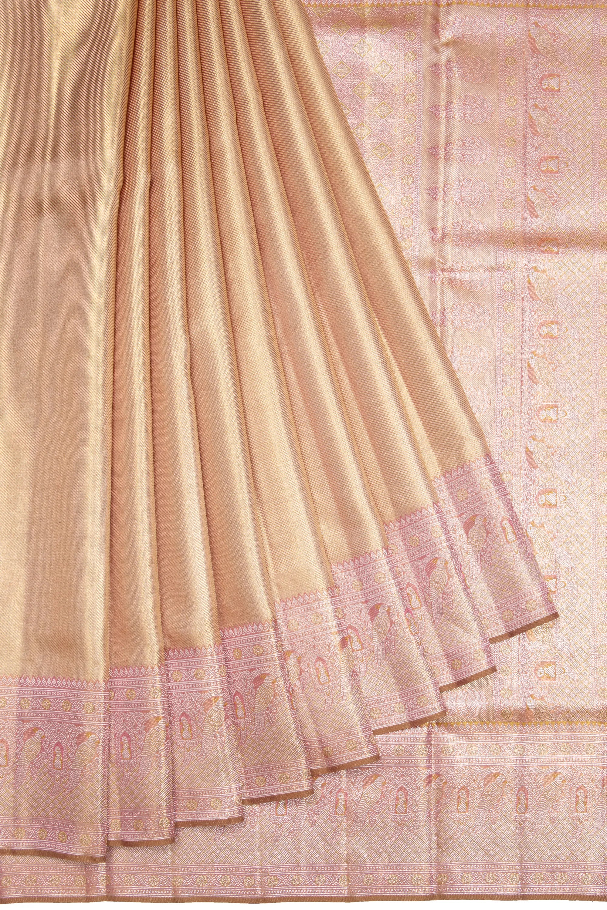 Kanchipuram Silk Tissue Diagonal Lines Gold Saree