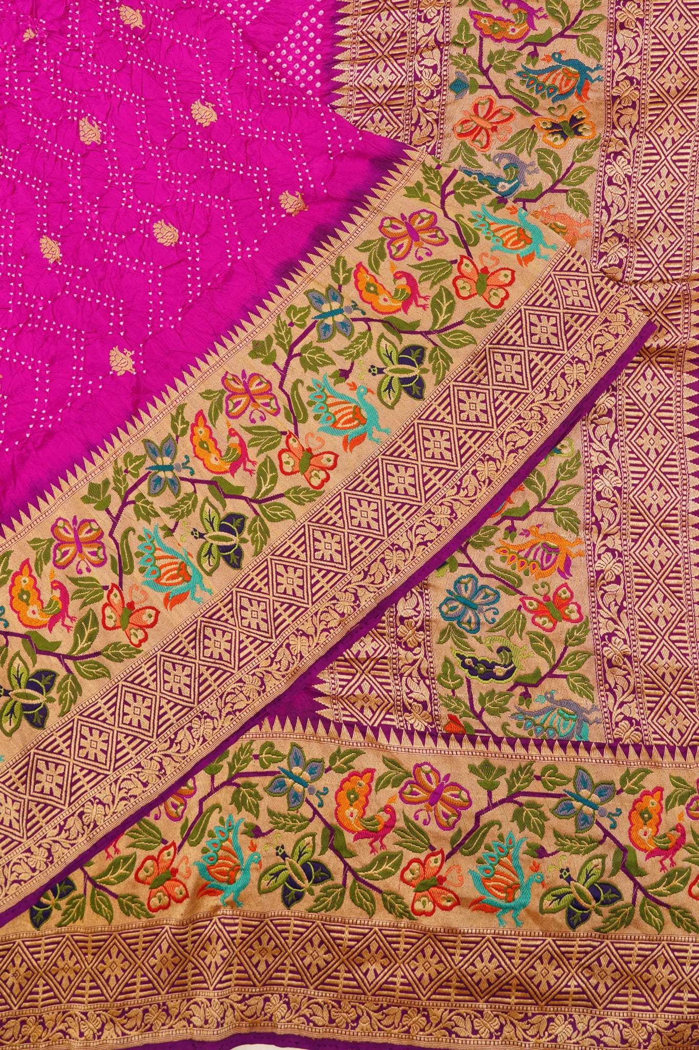 Banarasi Silk Bandhani And Butta Rani Pink Saree