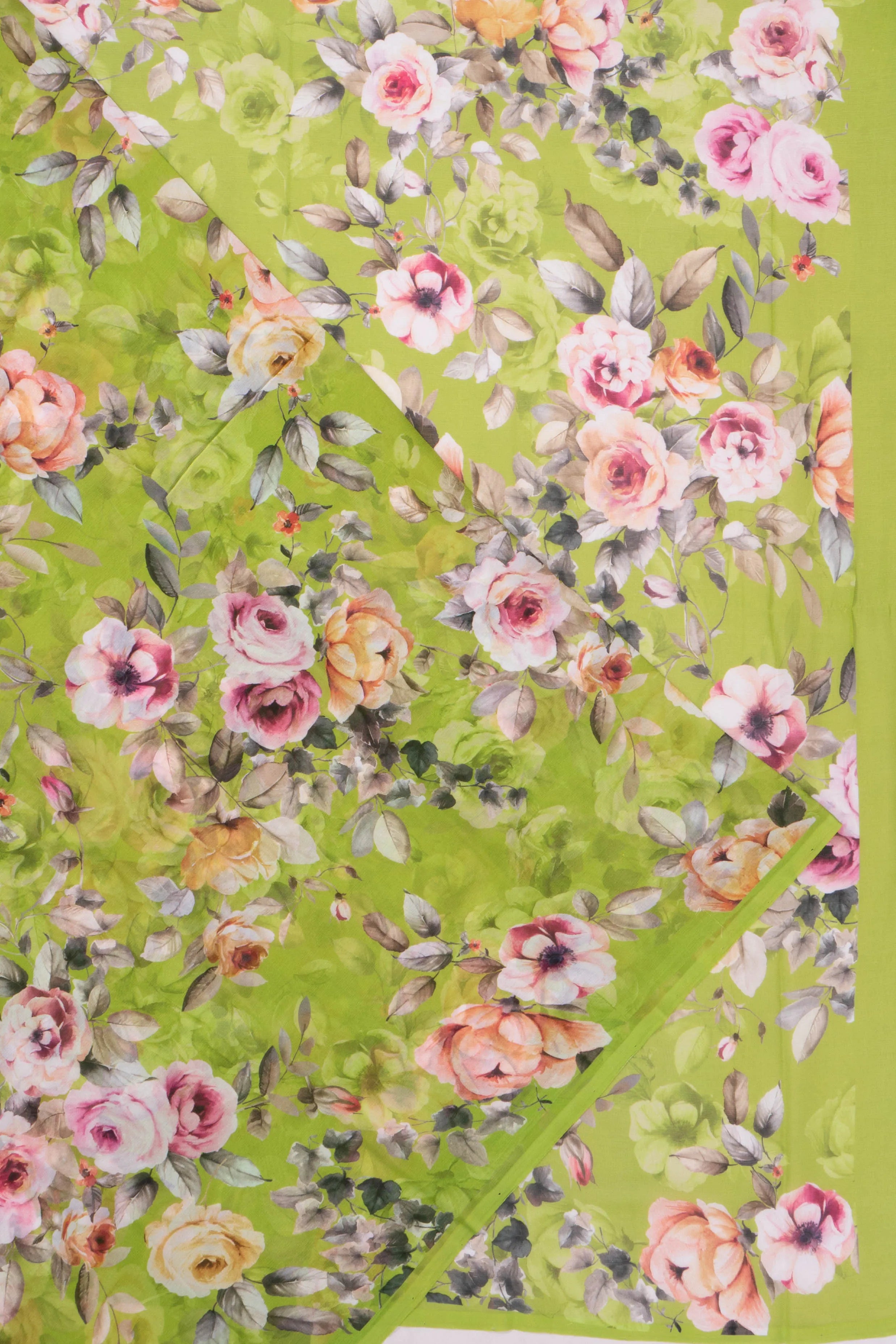 Chiffon Floral Printed Parrot Green Saree