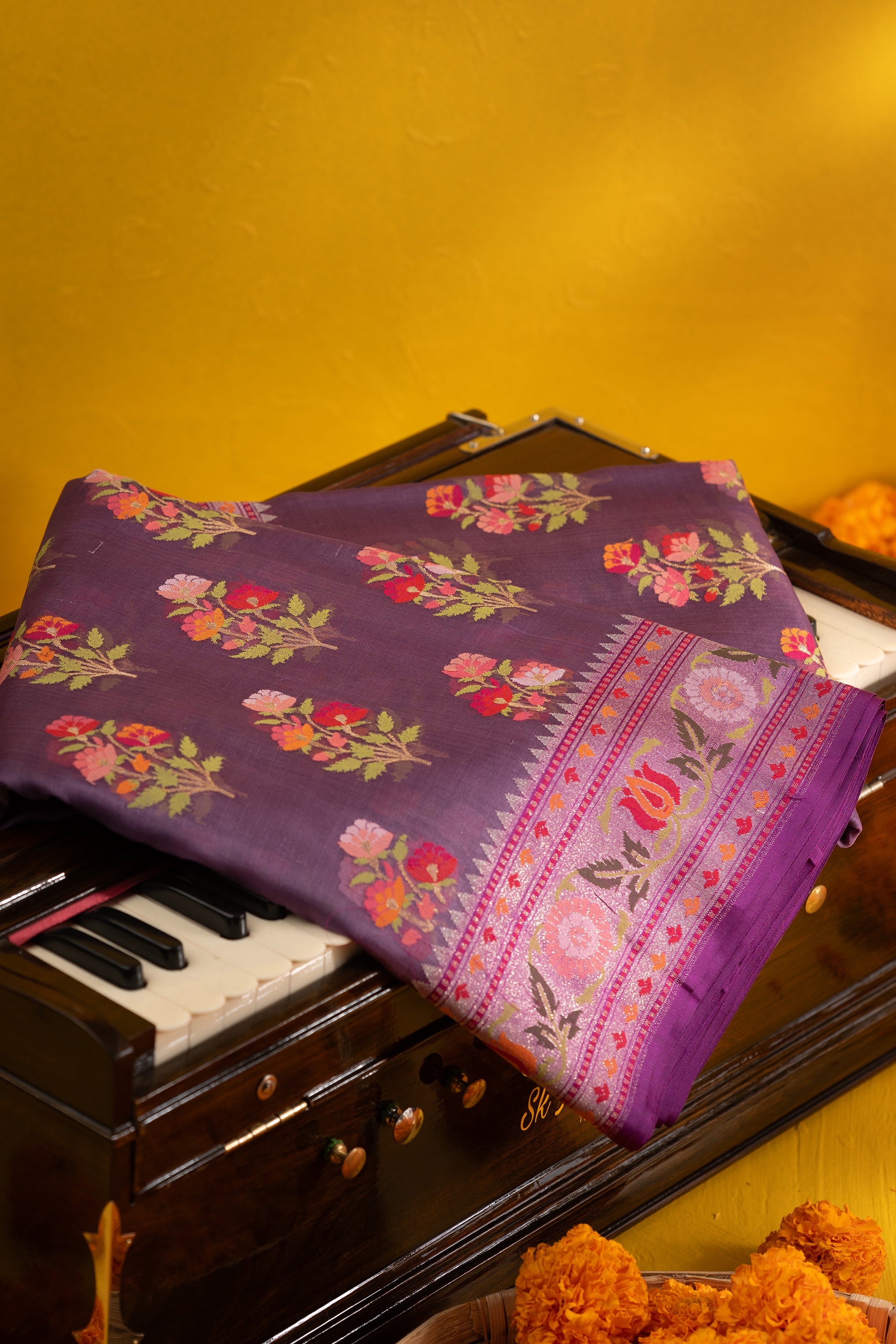 Banarasi Kora Organza Jamdani Butta Purple Saree