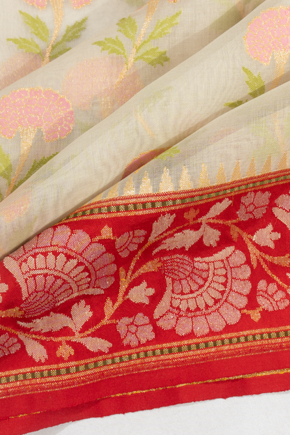 Banarasi Kora Organza Jamdani Butta Off White Saree