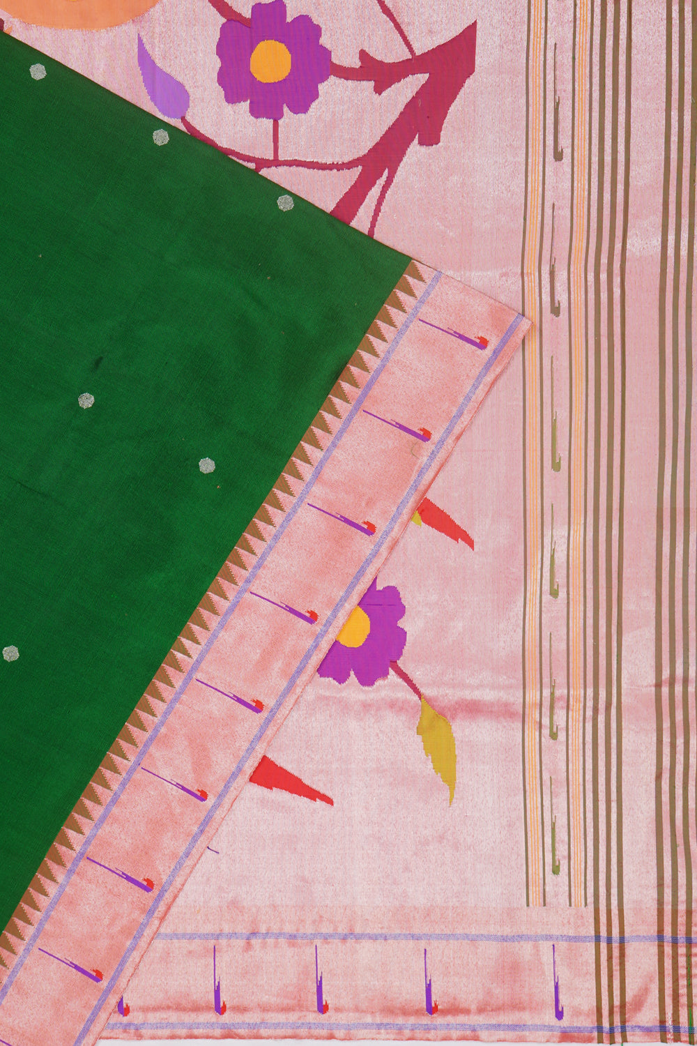 Paithani Silk Butta Bottle Green Saree With Muniya Border