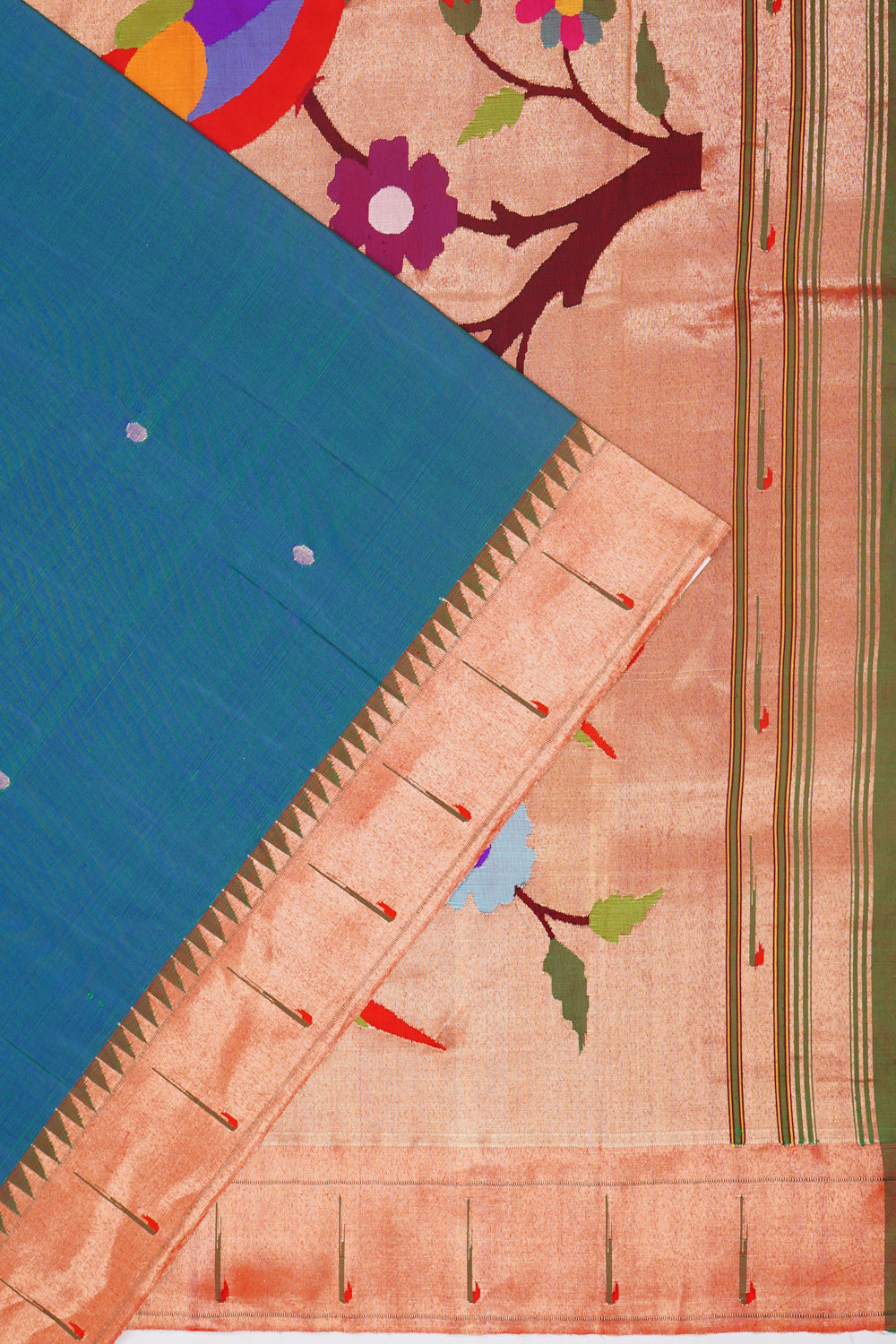 Paithani Silk Butta Peacock Blue Saree With Muniya Border