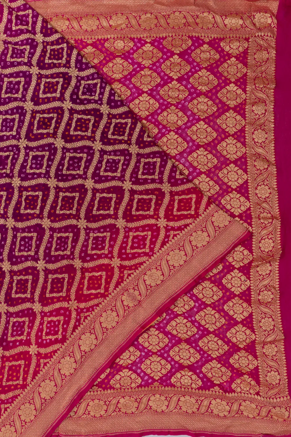 Banarasi Georgette Bandhani Brocade Dual Tone Pink And Purple Saree