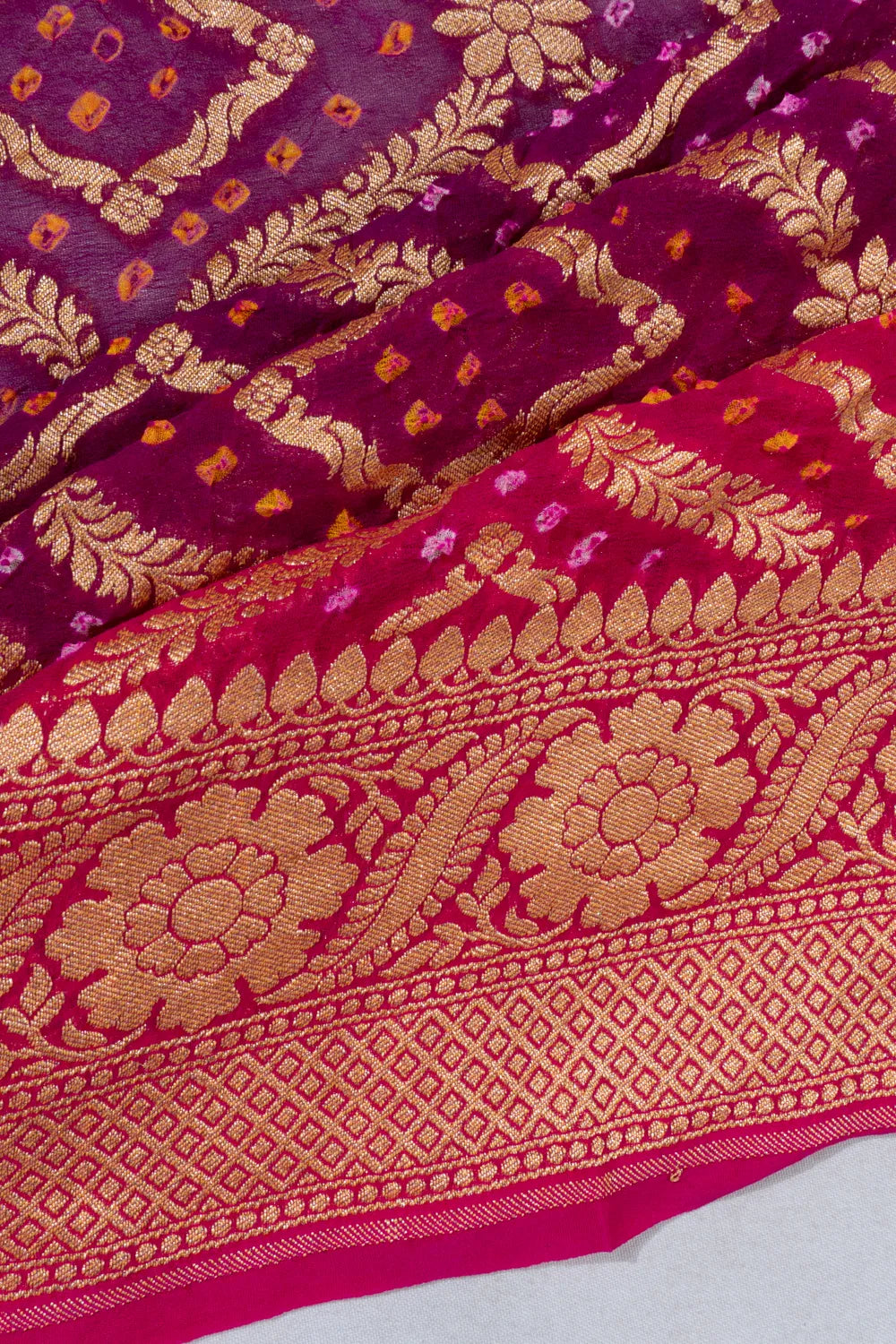 Banarasi Georgette Bandhani Brocade Dual Tone Pink And Purple Saree