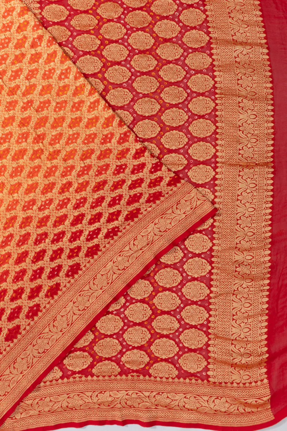 Banarasi Georgette Bandhani Brocade Dual Tone Red And Orange Saree