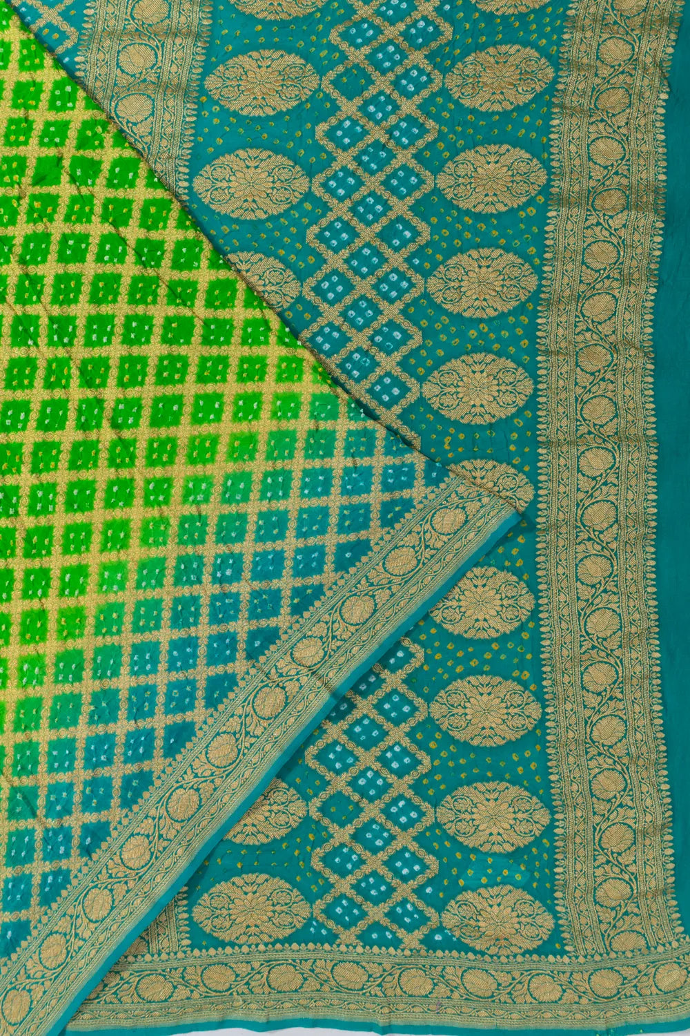 Banarasi Georgette Bandhani Brocade Dual Tone Green And Blue Saree