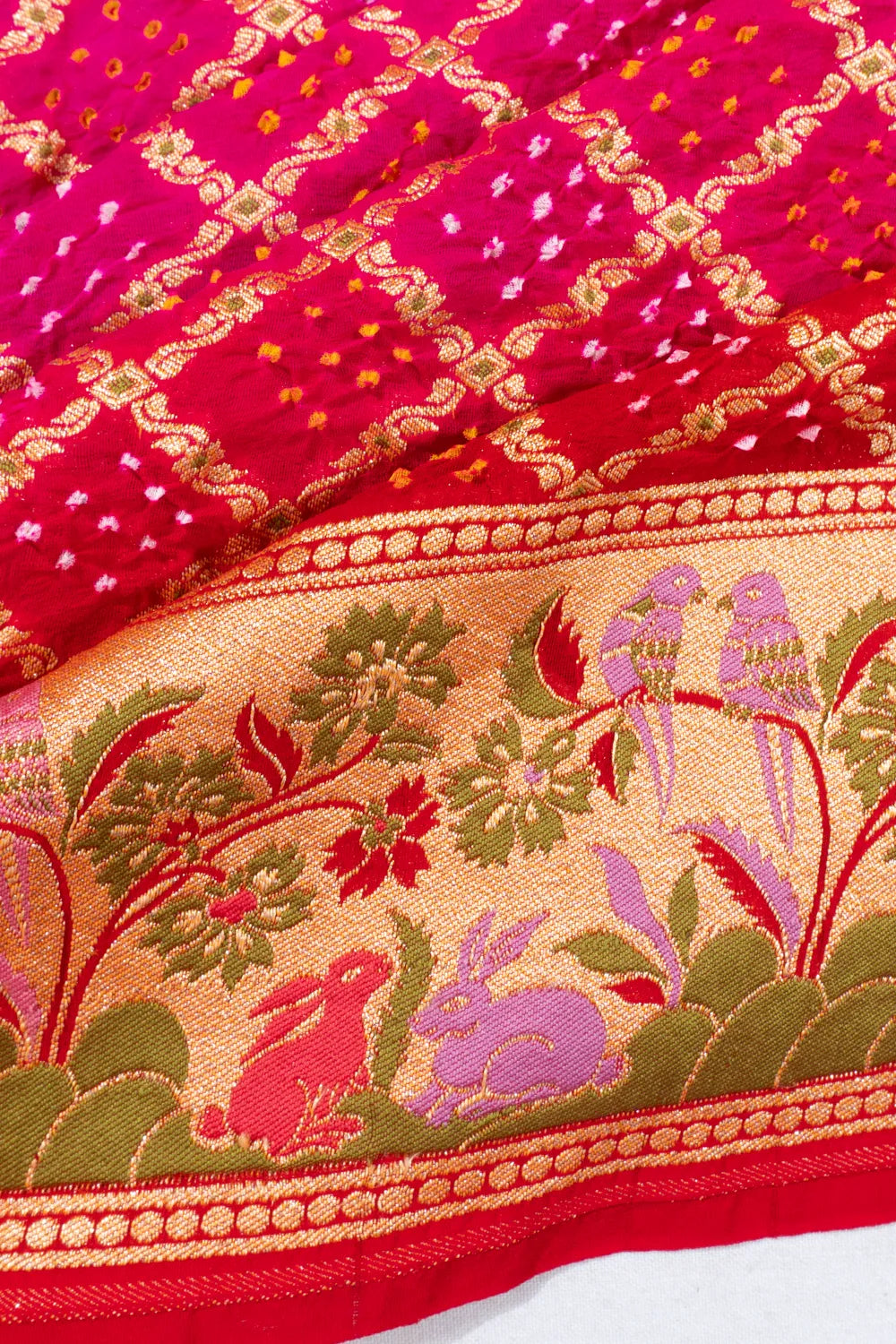 Banarasi Georgette Bandhani Red And Pink Saree