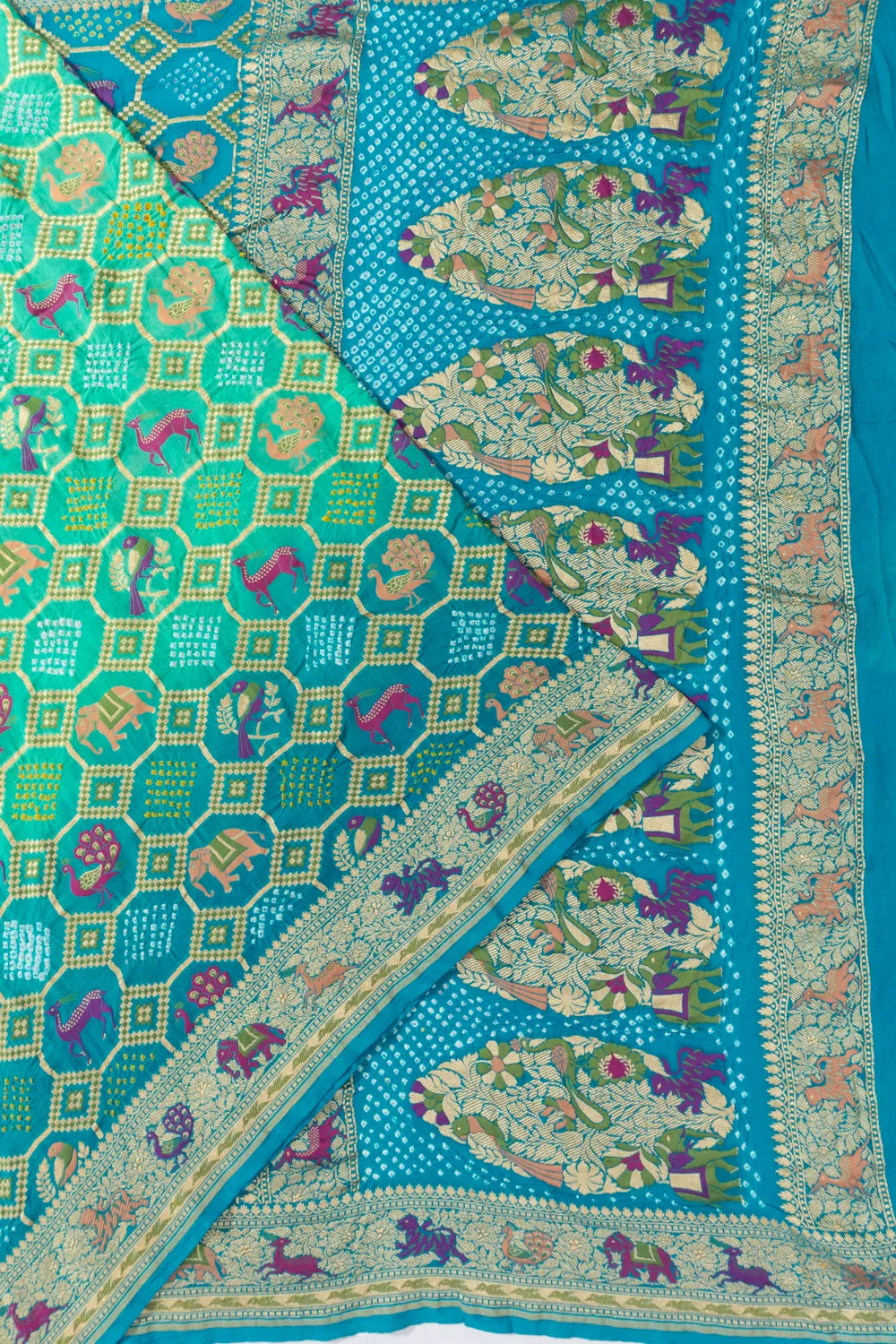 Banarasi Georgette Bandhani Sky Blue And Green Saree