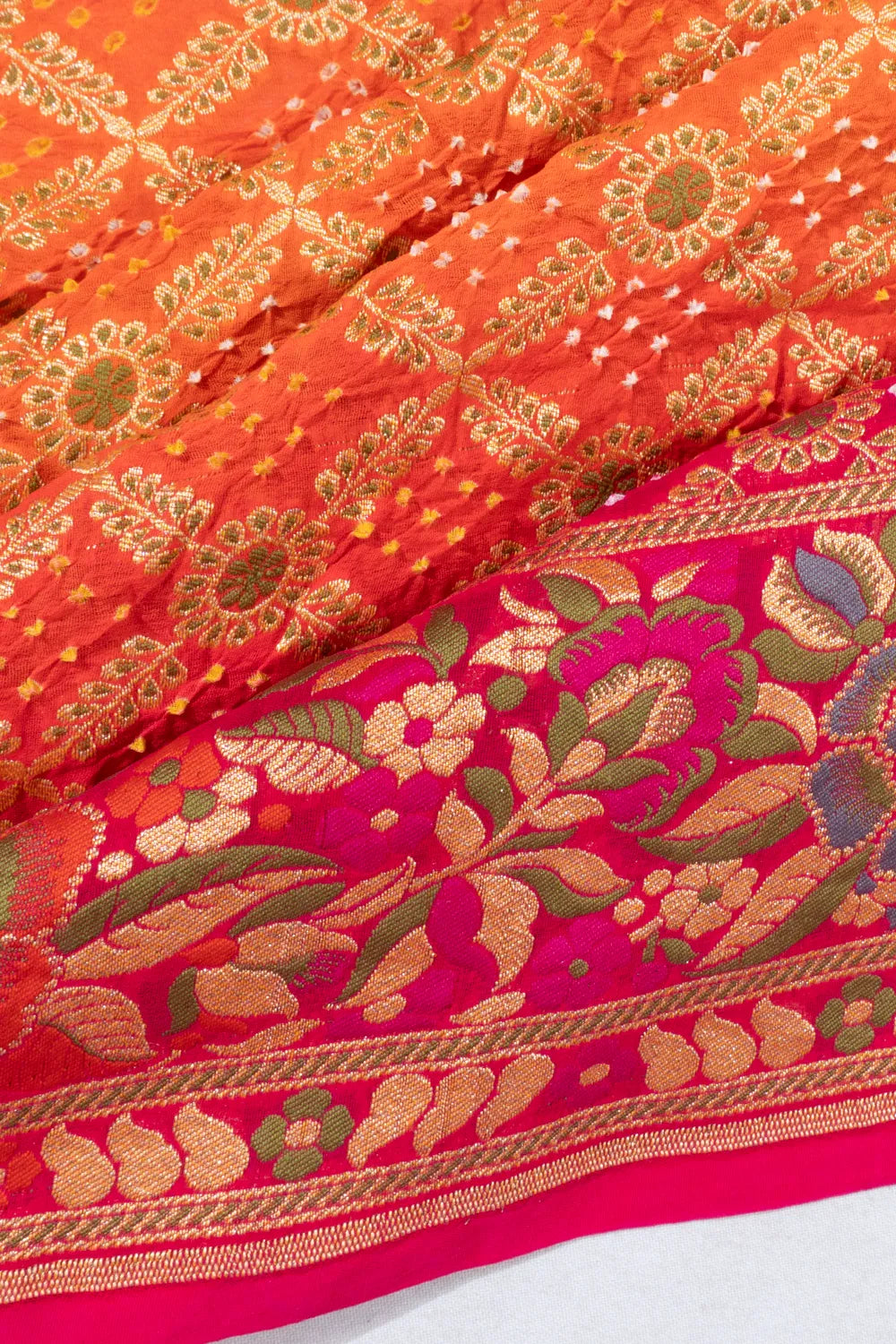 Banarasi Georgette Bandhani Dual Tone Pink And Orange Saree