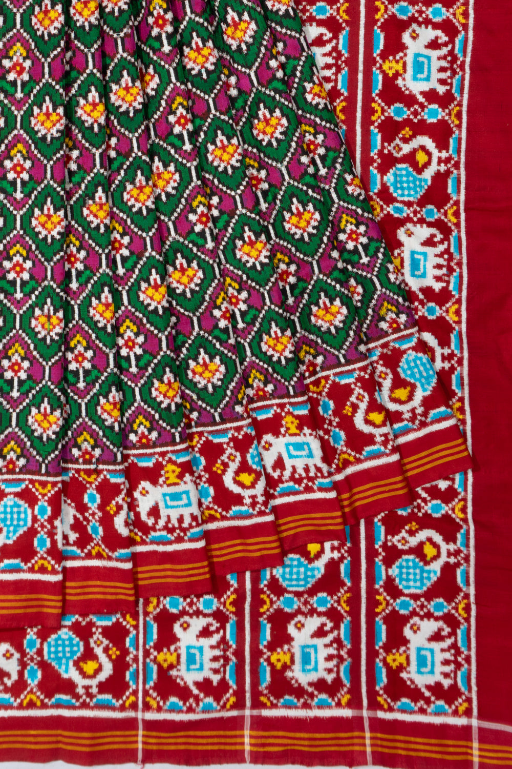 Patan Patola Silk Double Ikat Green And Pink Saree