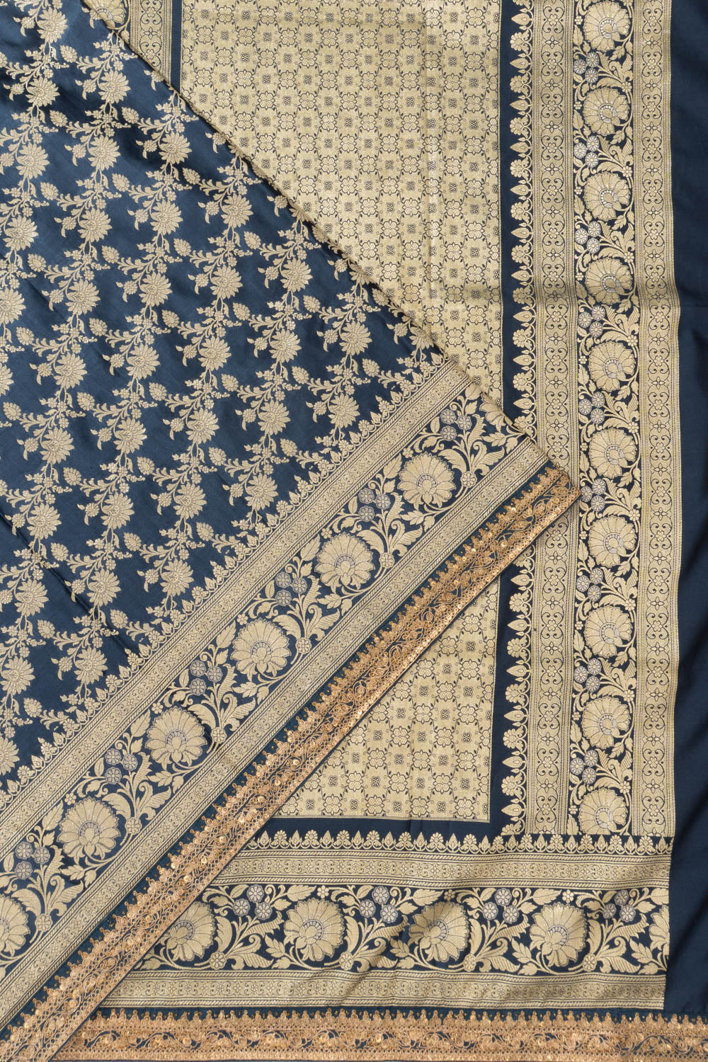 Banarasi Satin Jaal Dark Blue Saree With Embroidery Border