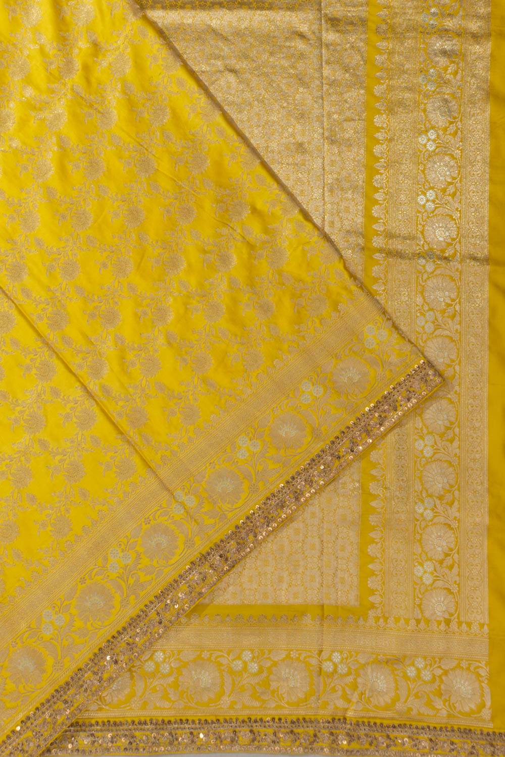 Banarasi Satin Jaal Lemon Yellow Saree With Embroidery Border