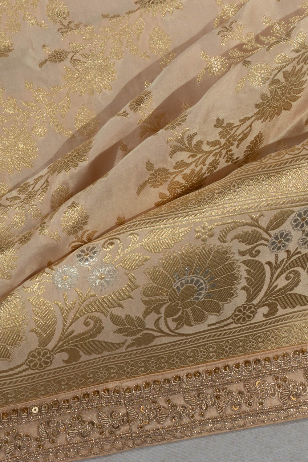 Banarasi Satin Jaal Peach Saree With Embroidery Border