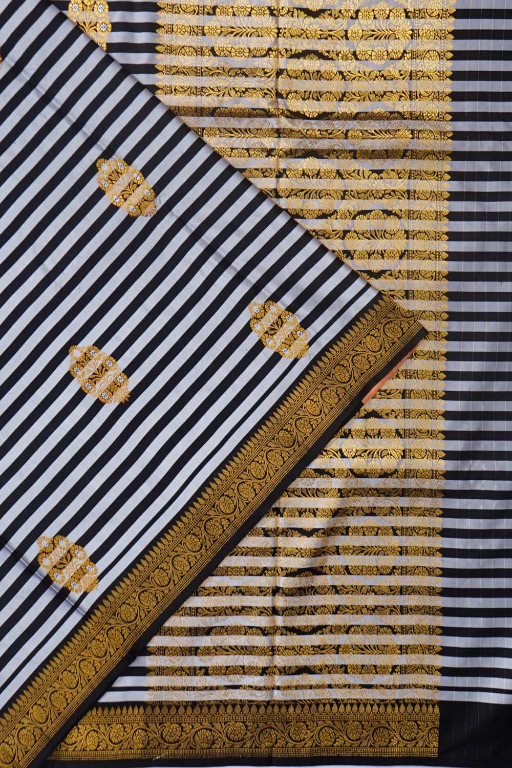 Banarasi Satin Zebra Strips And Butta Black And White Saree