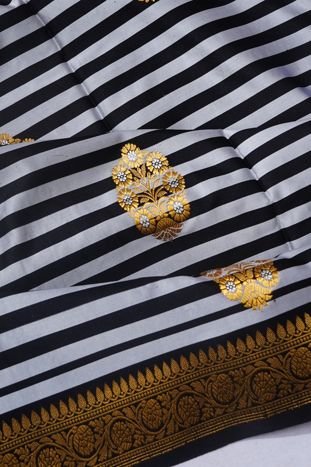 Banarasi Satin Zebra Strips And Butta Black And White Saree