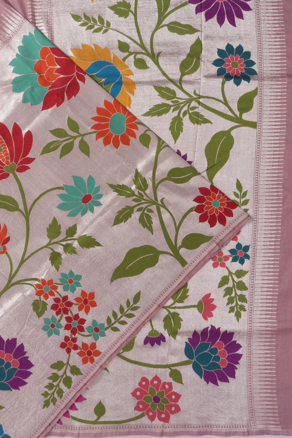 Banarasi Tussar Georgette Plain Pink Saree With Tissue Very Big Border