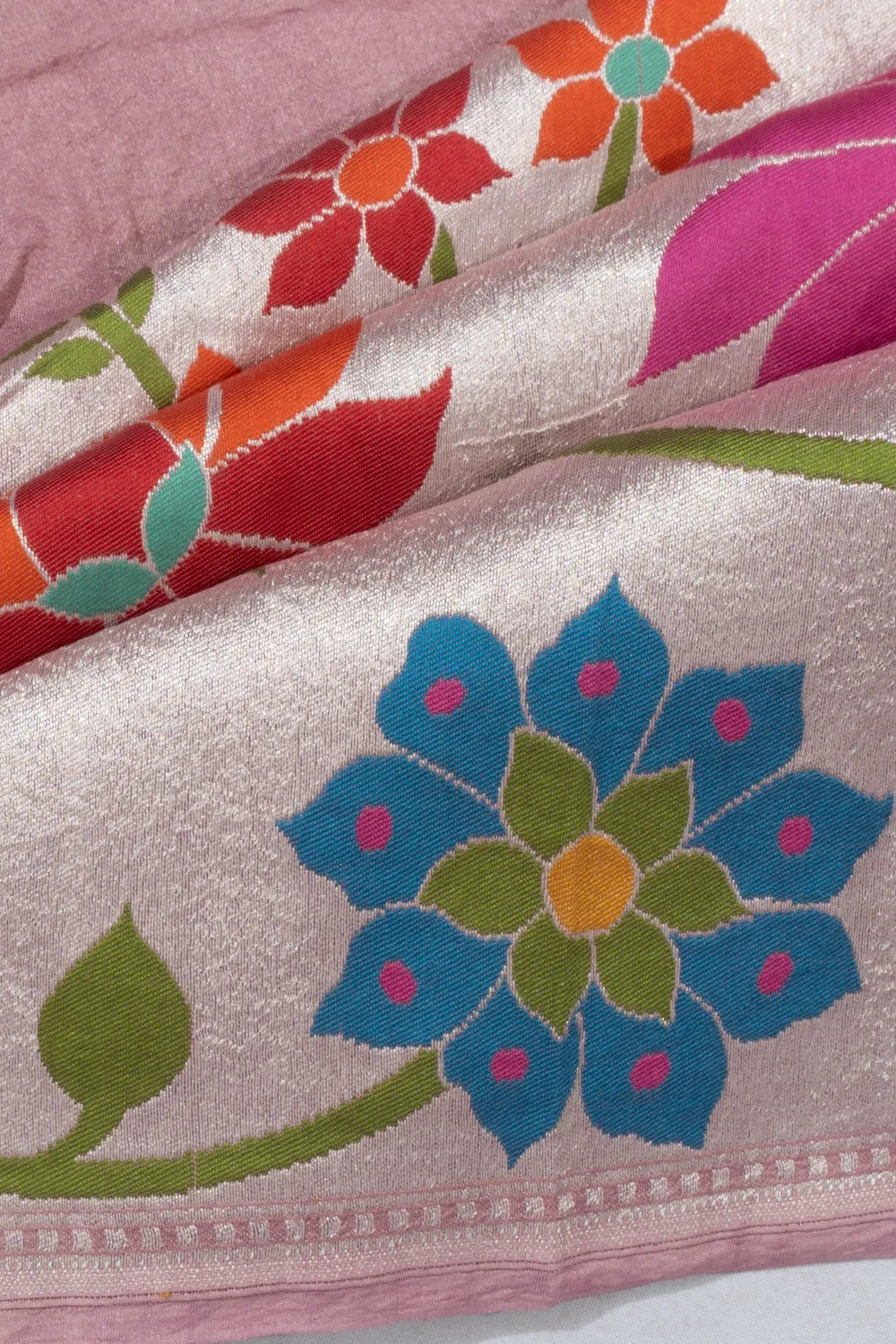 Banarasi Tussar Georgette Plain Pink Saree With Tissue Very Big Border