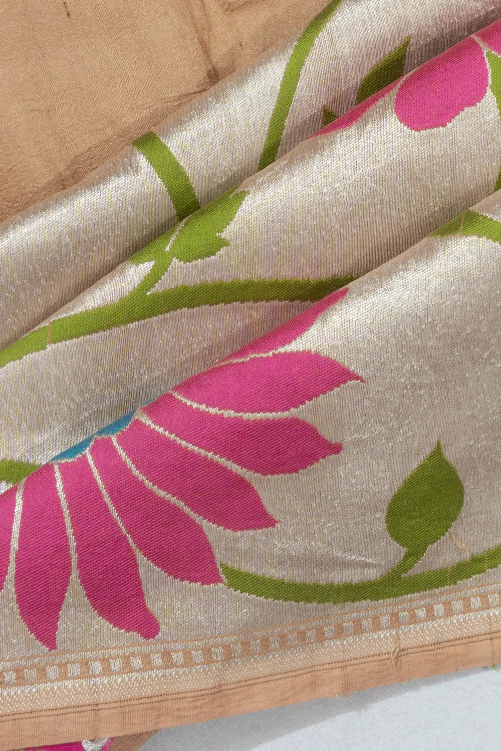 Banarasi Tussar Georgette Plain Beige Saree With Tissue Very Big Border