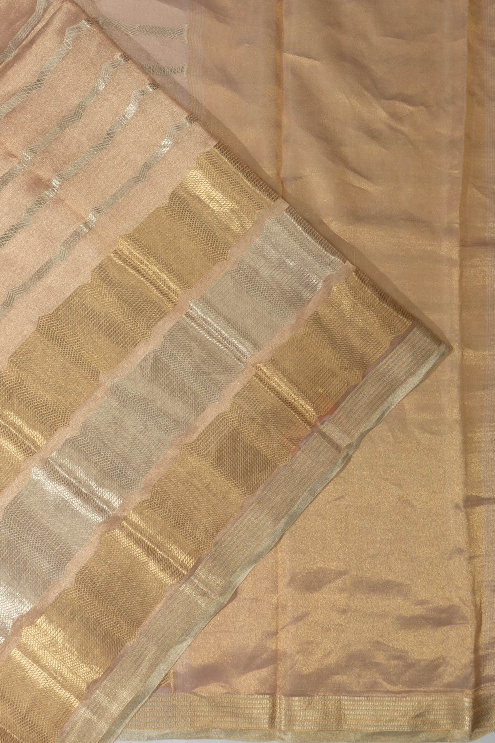 Banarasi Kora Organza Tissue Horizontal Lines Peach Saree