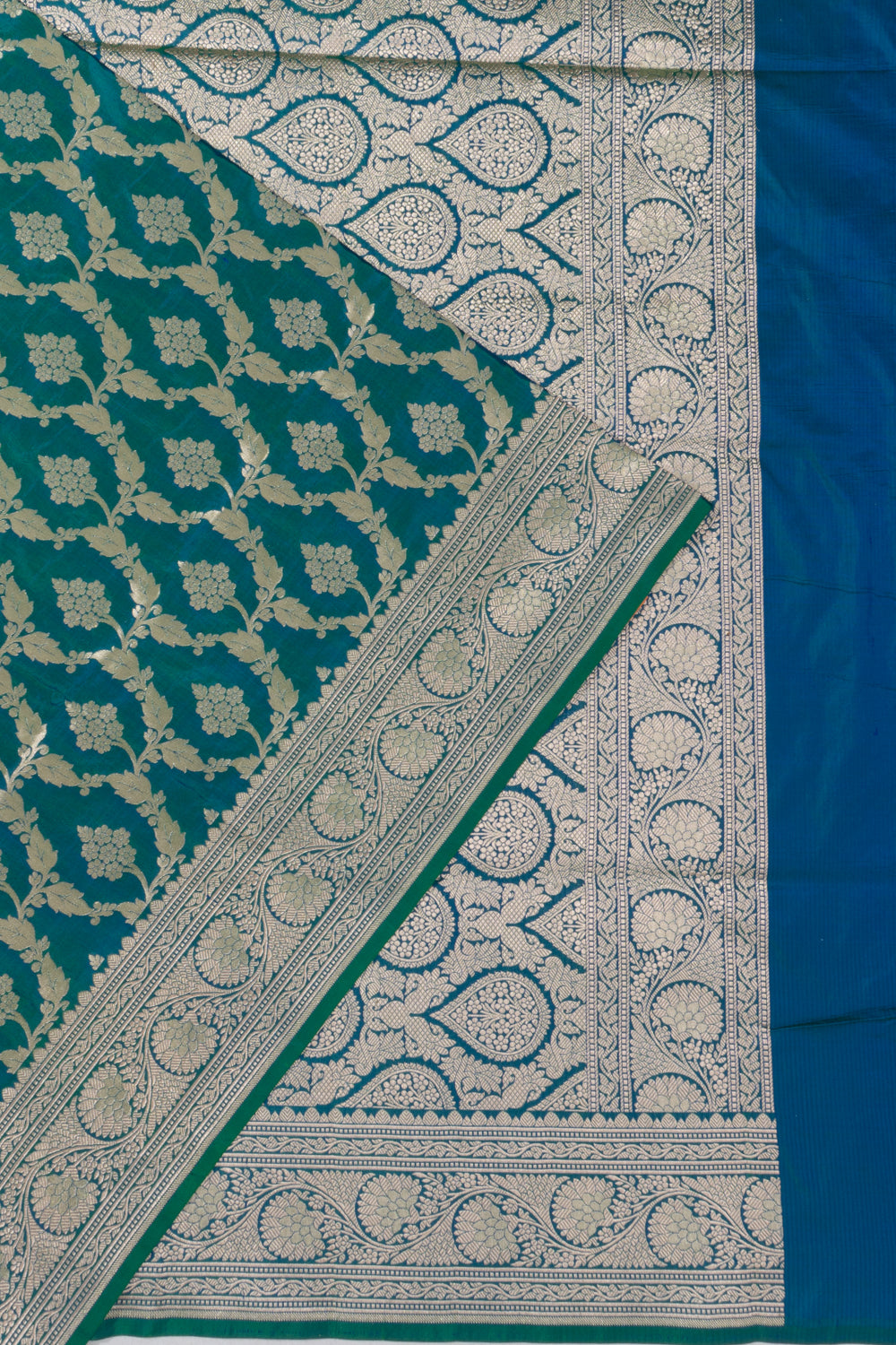 Banarasi Silk Jaal Dual Tone Blue And Green Saree