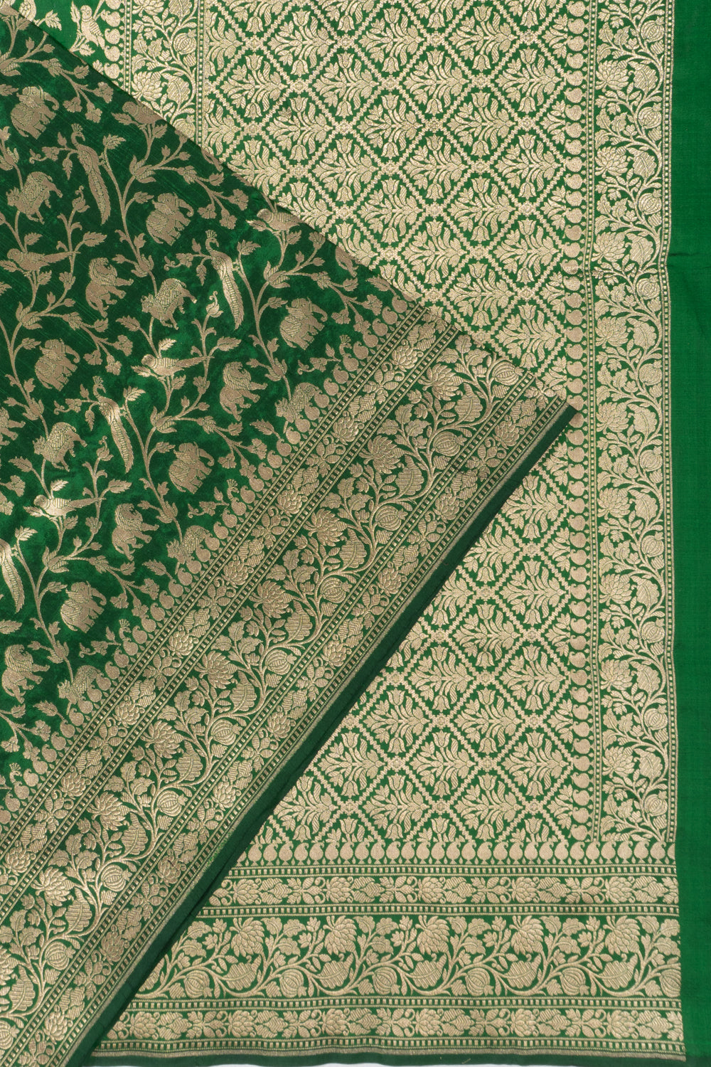 Banarasi Silk Shikargah Jaal Dark Green Saree