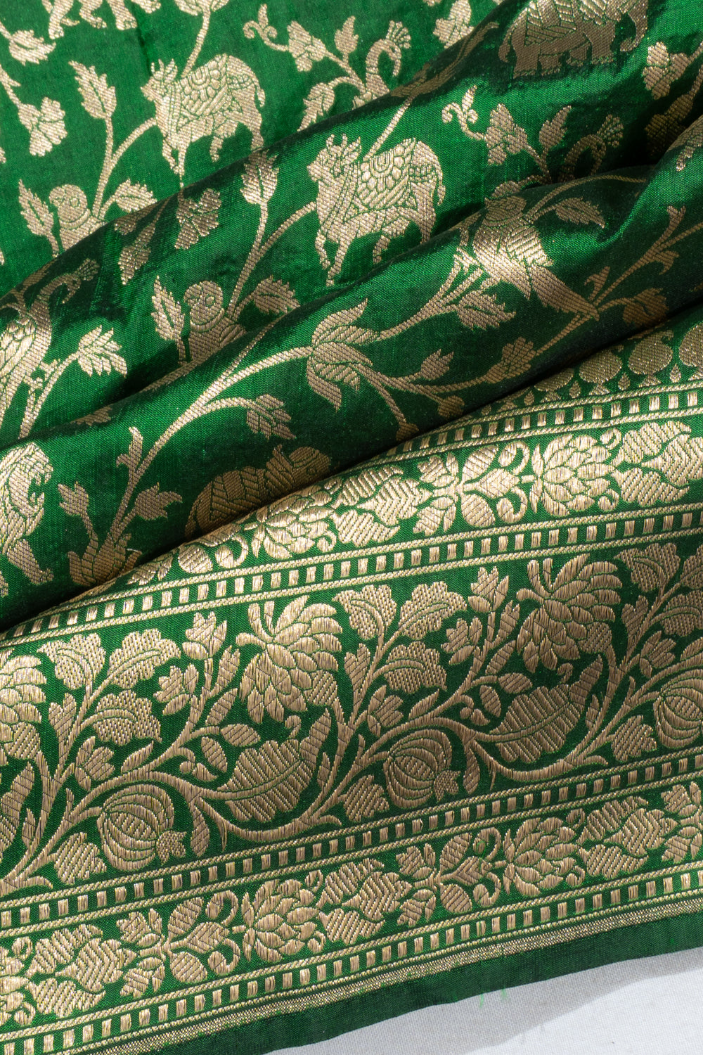 Banarasi Silk Shikargah Jaal Dark Green Saree
