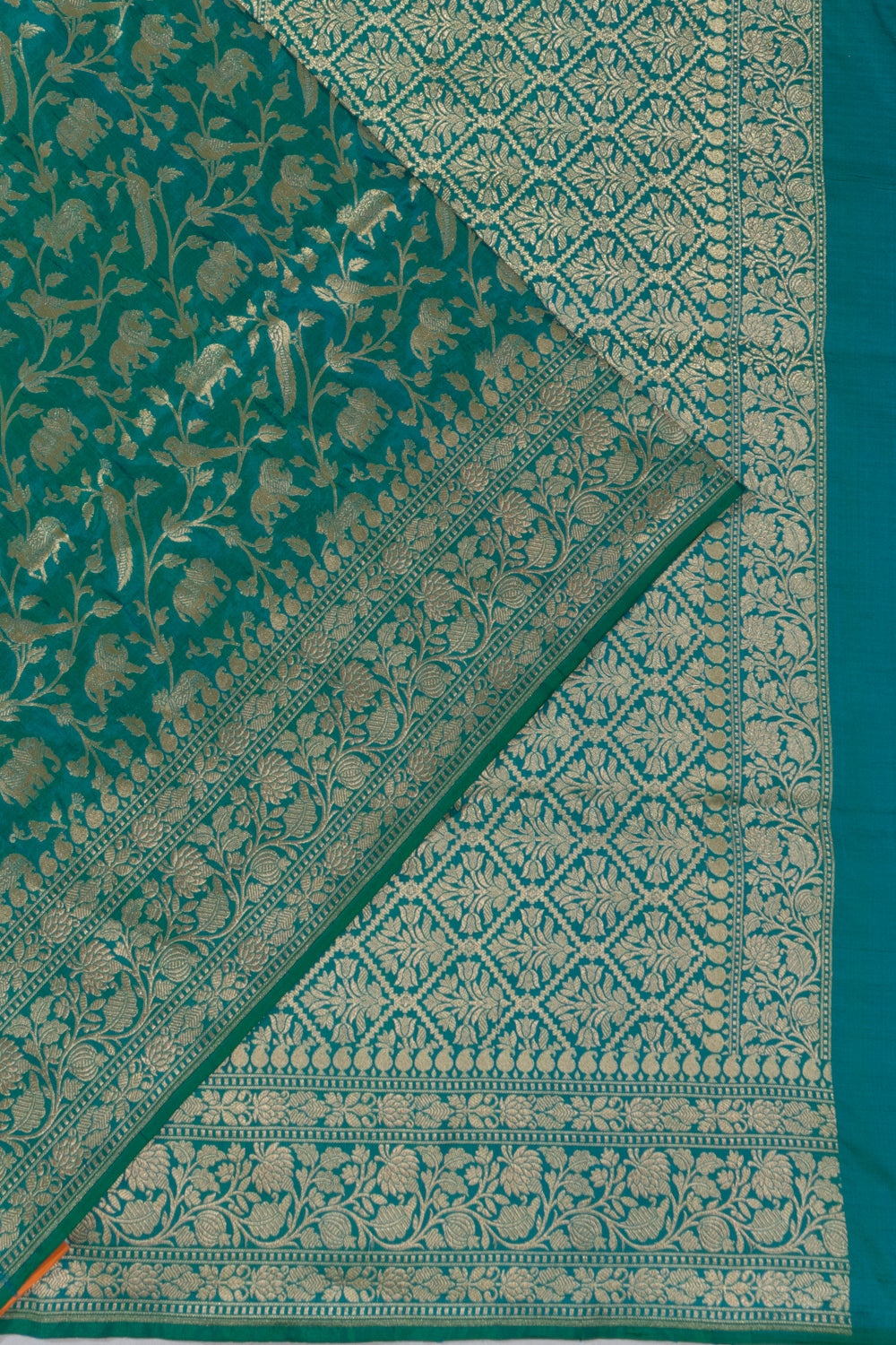 Banarasi Silk Shikargah Dual Shade Sea Green And Blue Saree