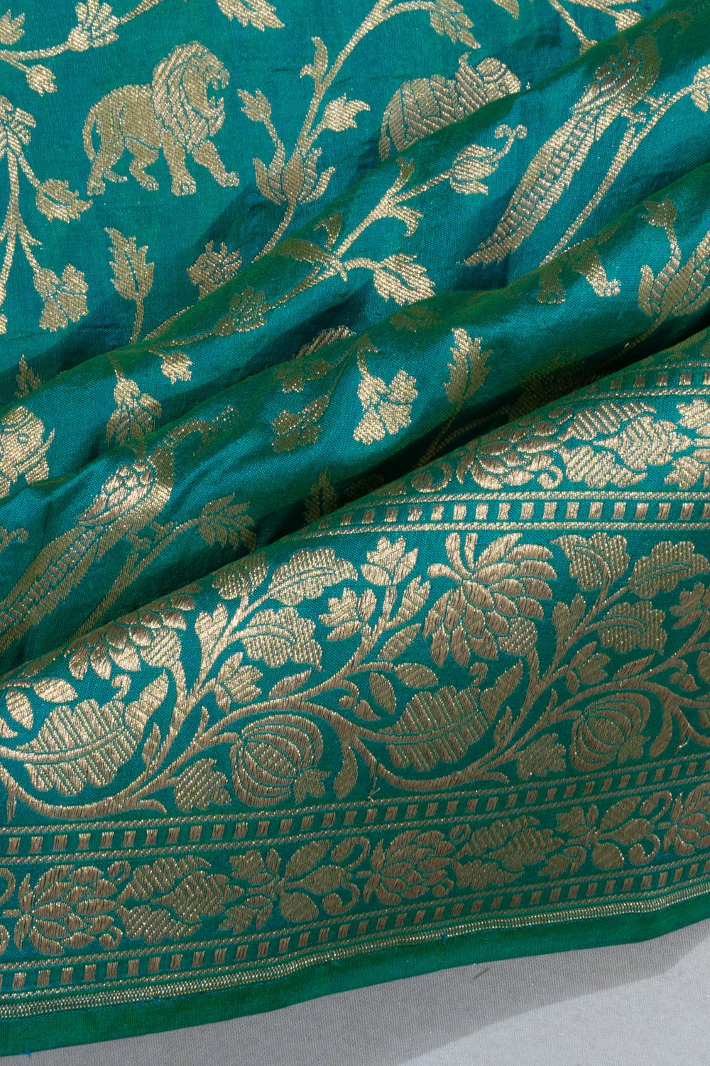 Banarasi Silk Shikargah Dual Shade Sea Green And Blue Saree