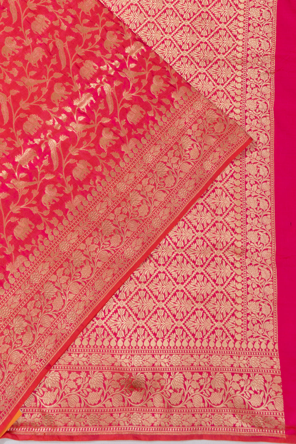 Banarasi Silk Shikargah Dual Tone Pink And Orange Saree