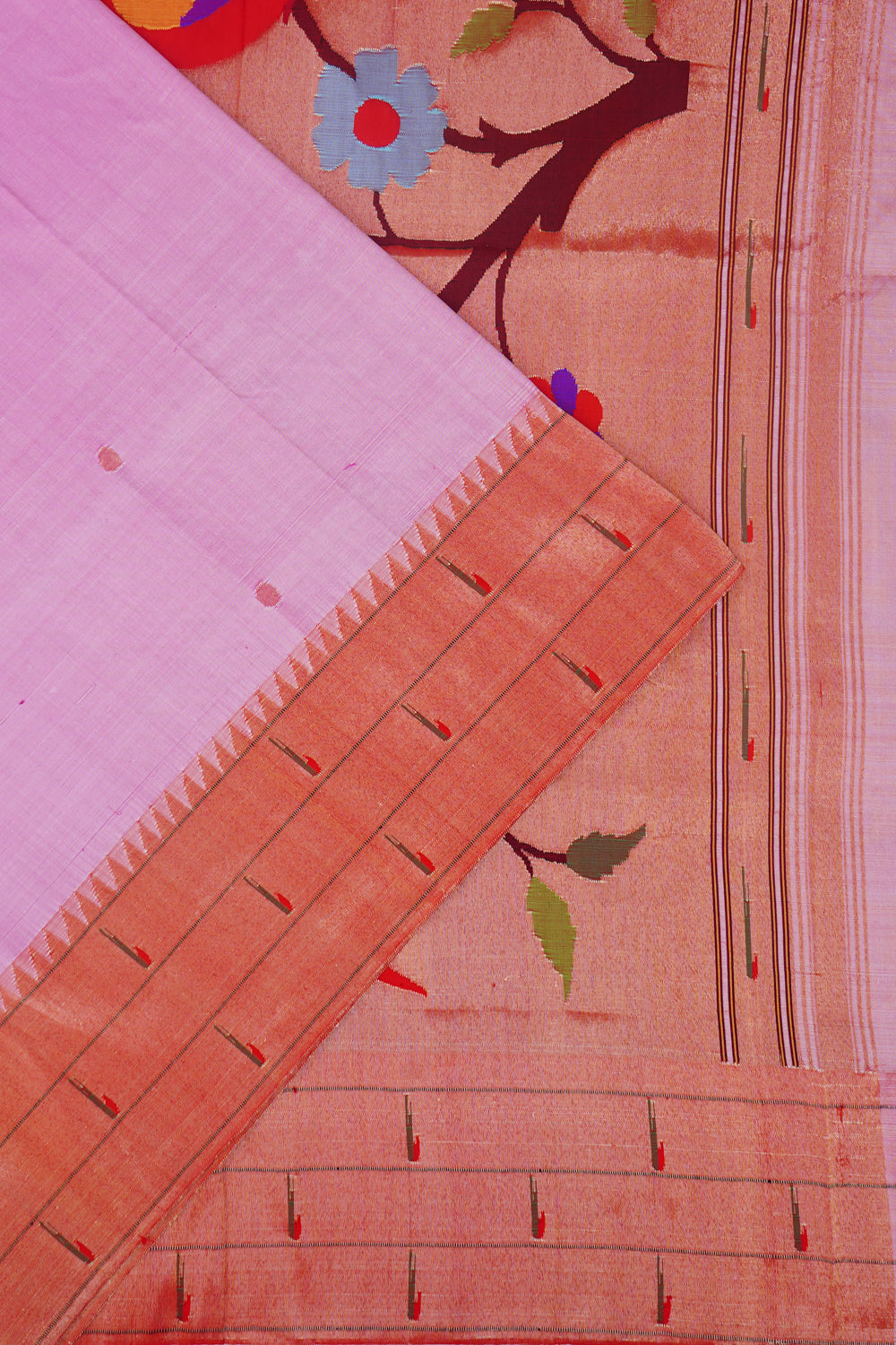 Paithani Silk Butta Pink Saree With Triple Muniya Border