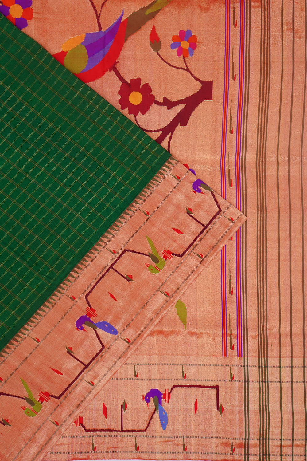 Paithani Silk Checks Green Saree With Akruthi Border